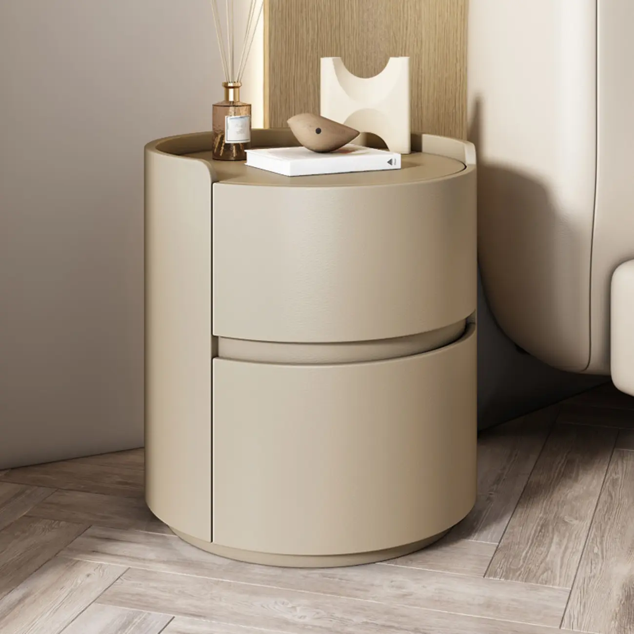 Modern Leather Tray Round 2-Drawer Nightstand