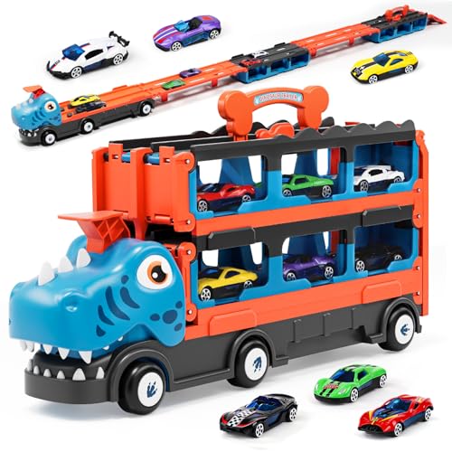 Lehoo Castle Camion Trasportatore di Auto, Giocattolo Dinosauro con 6 Auto da Corsa, Giocattolo per Bambini di 3 4 5 6 Anni : Giochi e giocattoli