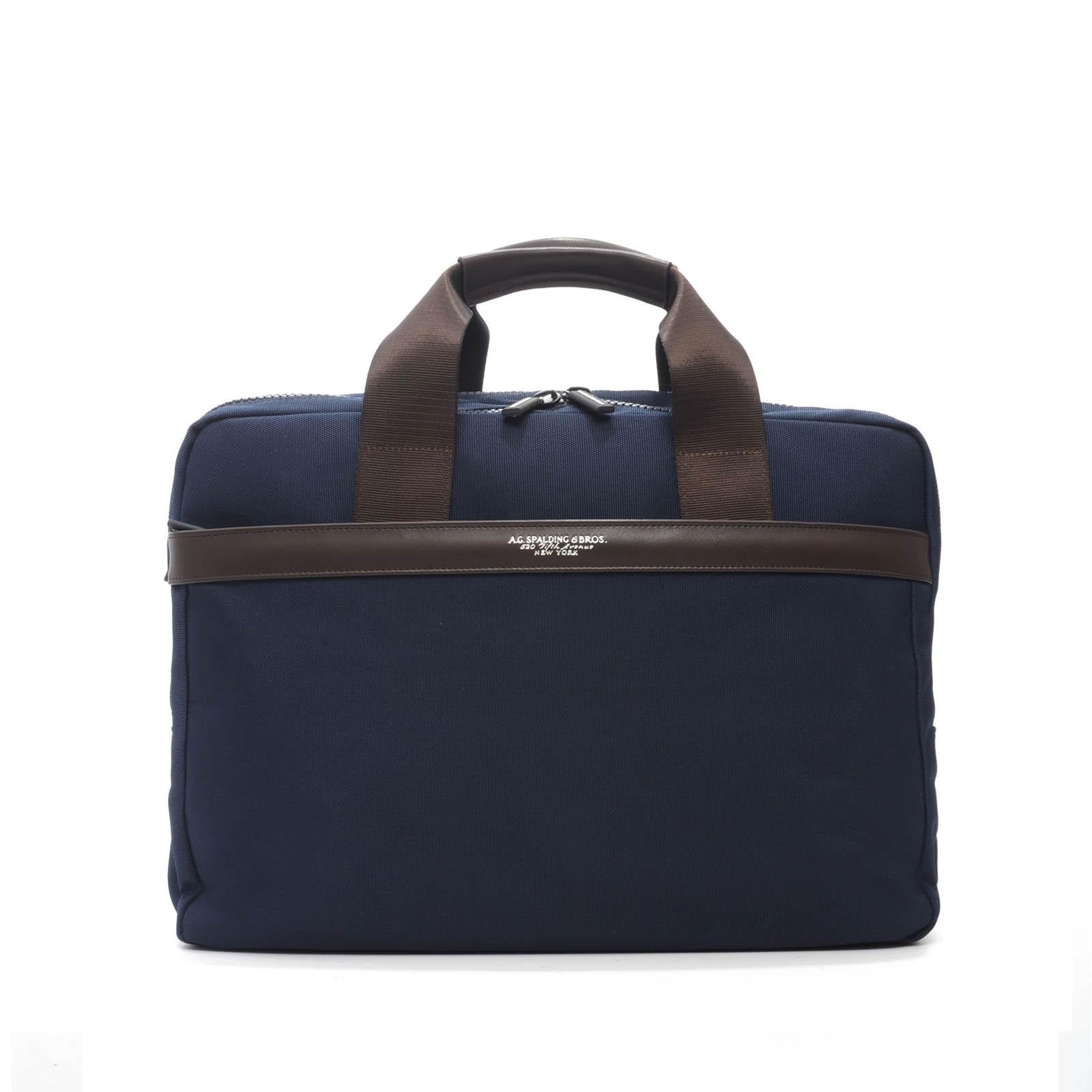 Cartella da uomo Spalding & Bros 1 Zip nylon bl�� e pelle marrone 309033U7030