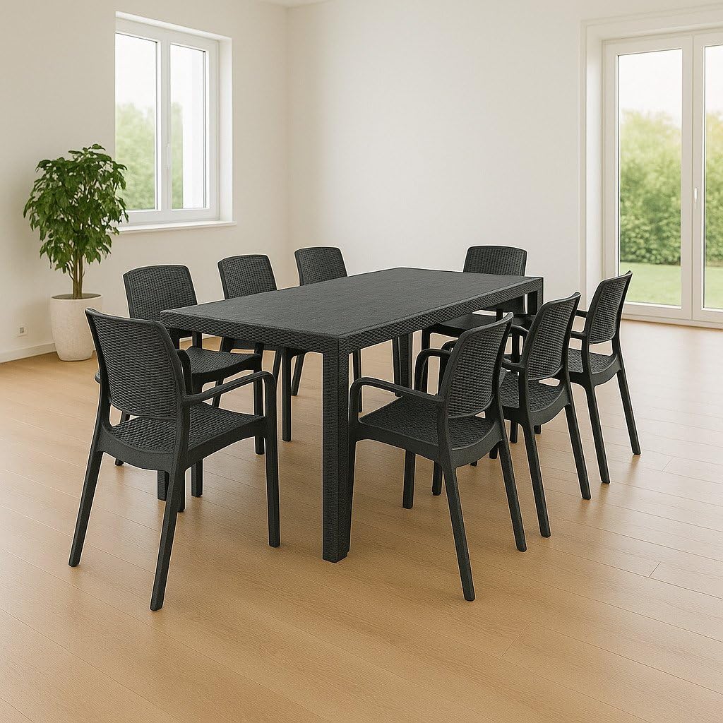 Dmora - Set tavolo e sedie Moie, Salottino indoor, Tavolo rettangolare allungabile con 8 sedie con braccioli, Made in Italy, Antracite