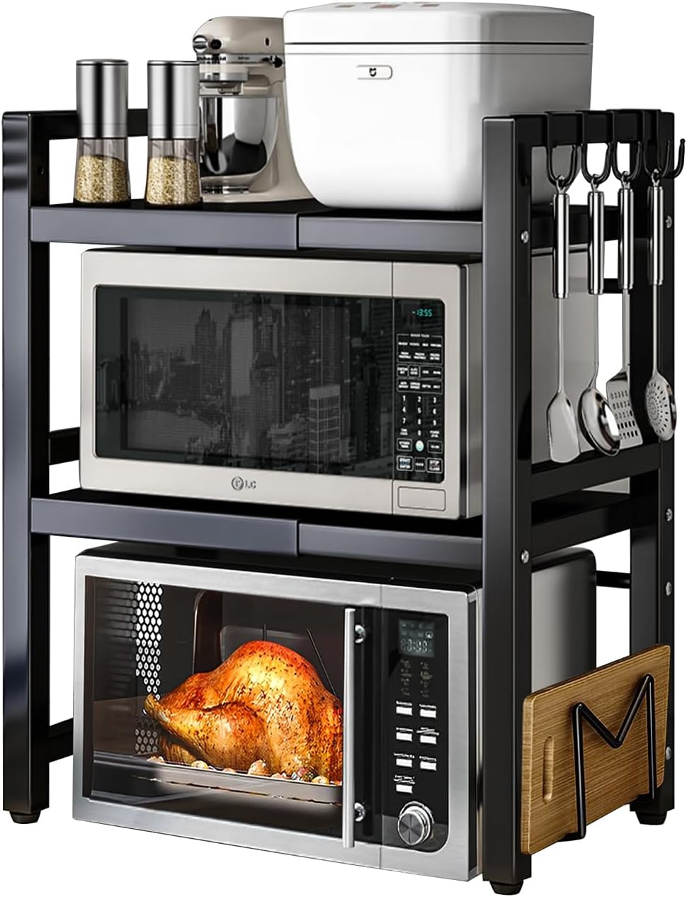 devesanter 3 Tier Expandable Microwave Oven Shelf with 5 Hooks for Kitchen Spice Rack Microwave Rack Removable 40-64cm Black