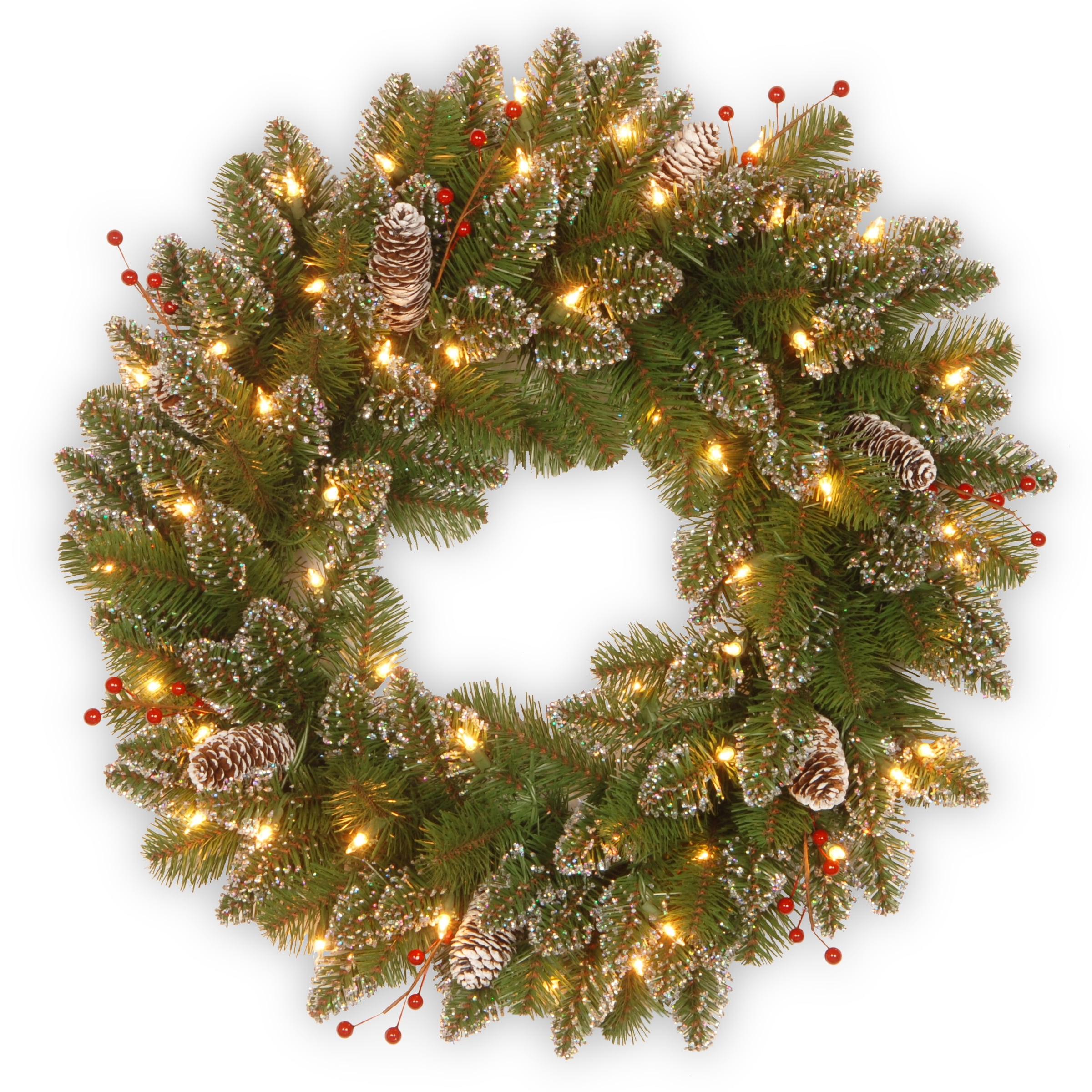 National Tree Company 24&prime;&prime; Glittery Mountain Spruce Wreath with LED Lights, Pine Cones & Red Berries, Indoor/Outdoor Use
