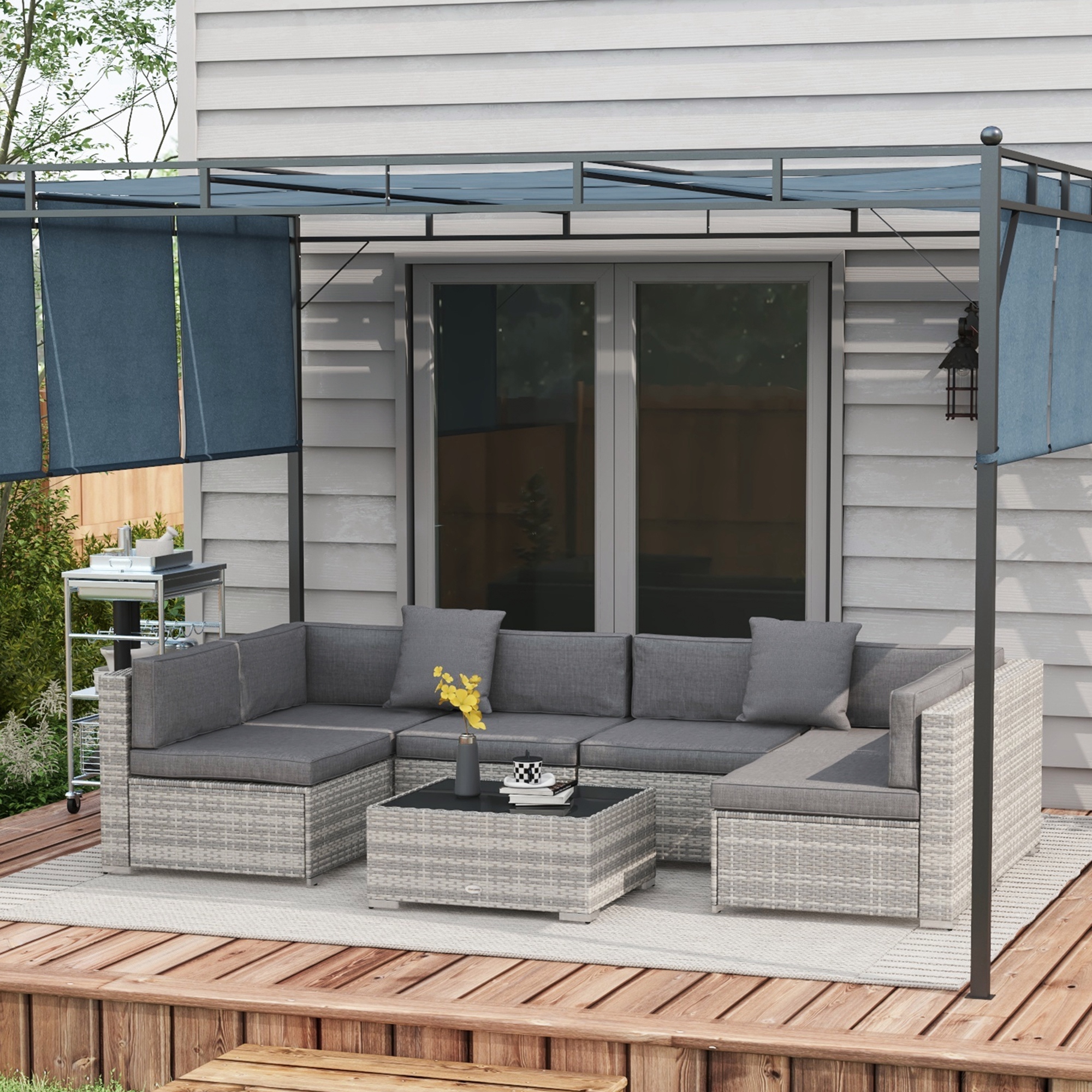 Outsunny 7-teiliges modulares Gartenmöbel-Set mit Glastischplatte und abnehmbaren Kissen inklusive grau
