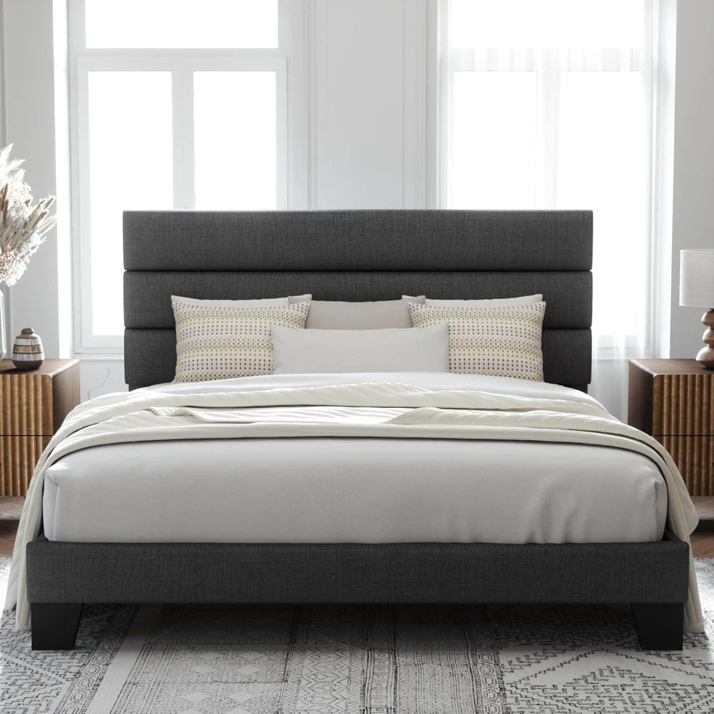Allewie Queen Size Platform Bed Frame with Fabric Upholstered Headboard and Wooden Slats Support, Fully Upholstered Mattress Foundation/No Box Spring Needed