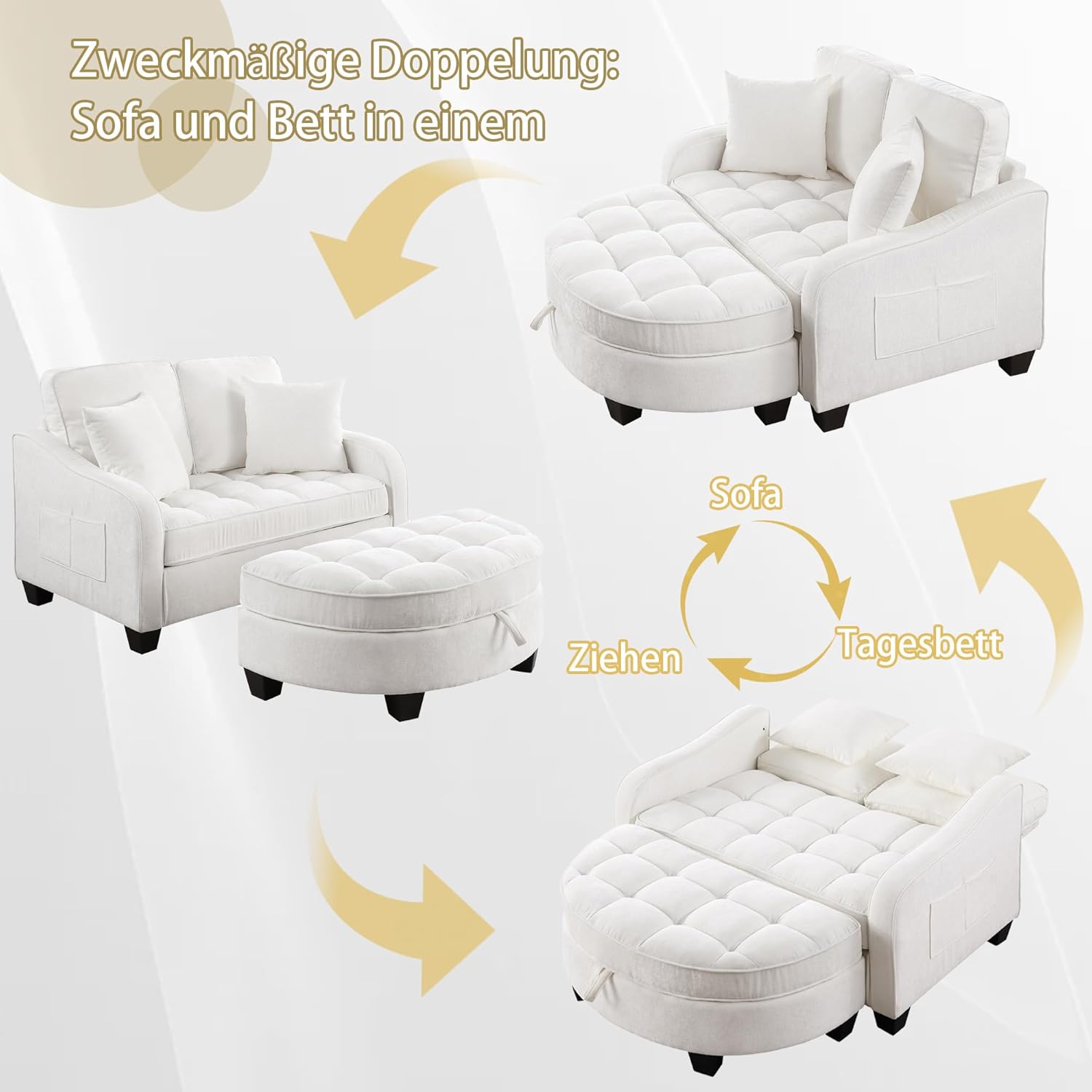 Sofa mit Schlaffunktion, 2-in-1 Schlafsofa, Modulares Sofa, Aufbewahrungs-Hocker & 4 Kisse, für Kleine Wohnzimmer, Studienzimmer, Schlafzimmer, 132×129×93cm (Beige)