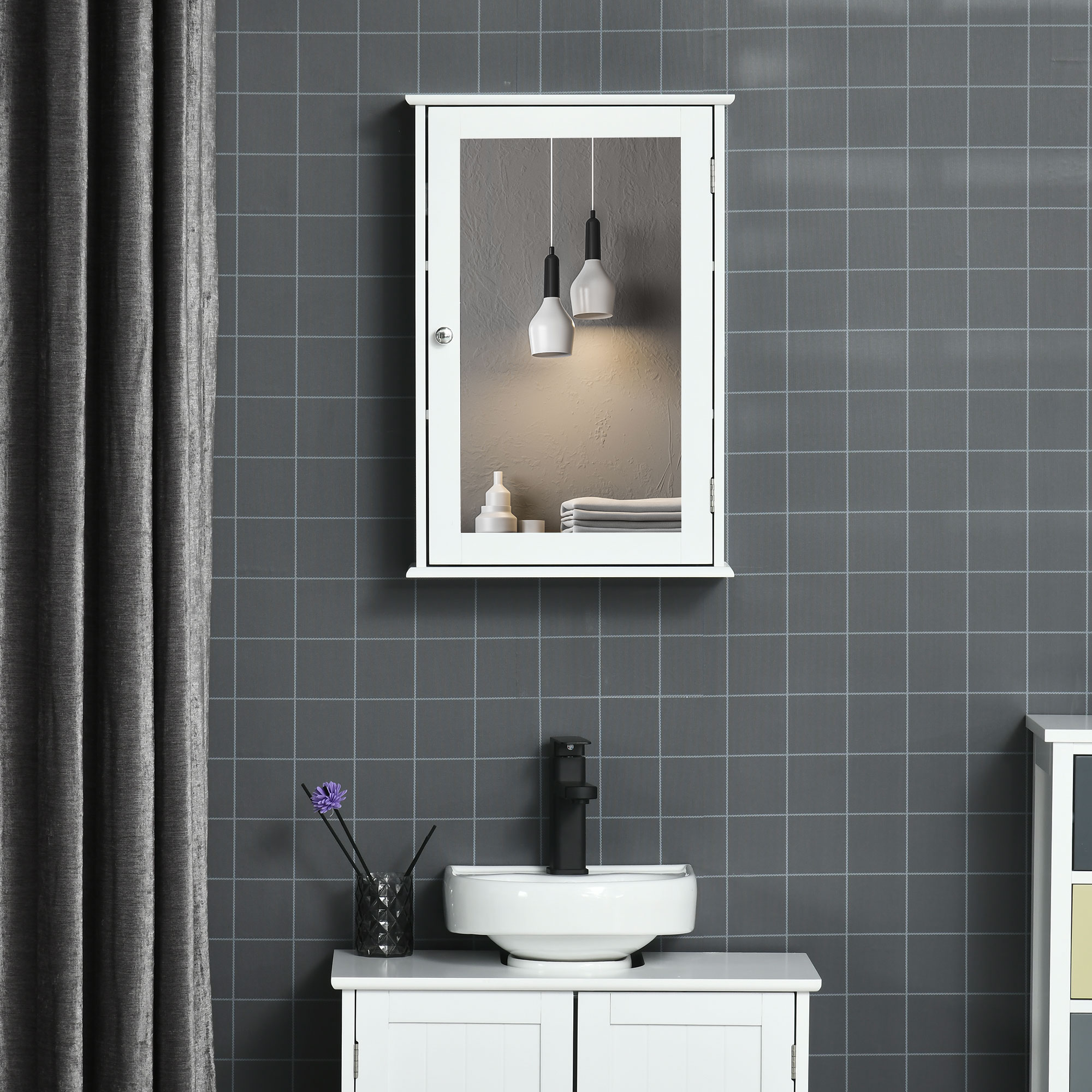 kleankin Wandspiegel-Schrank für das Badezimmer mit Spiegel - Spiegelschrank - WC-Aufbewahrungsschrank - 1 Tür, 2 Regale - Weißes MDF-Glas
