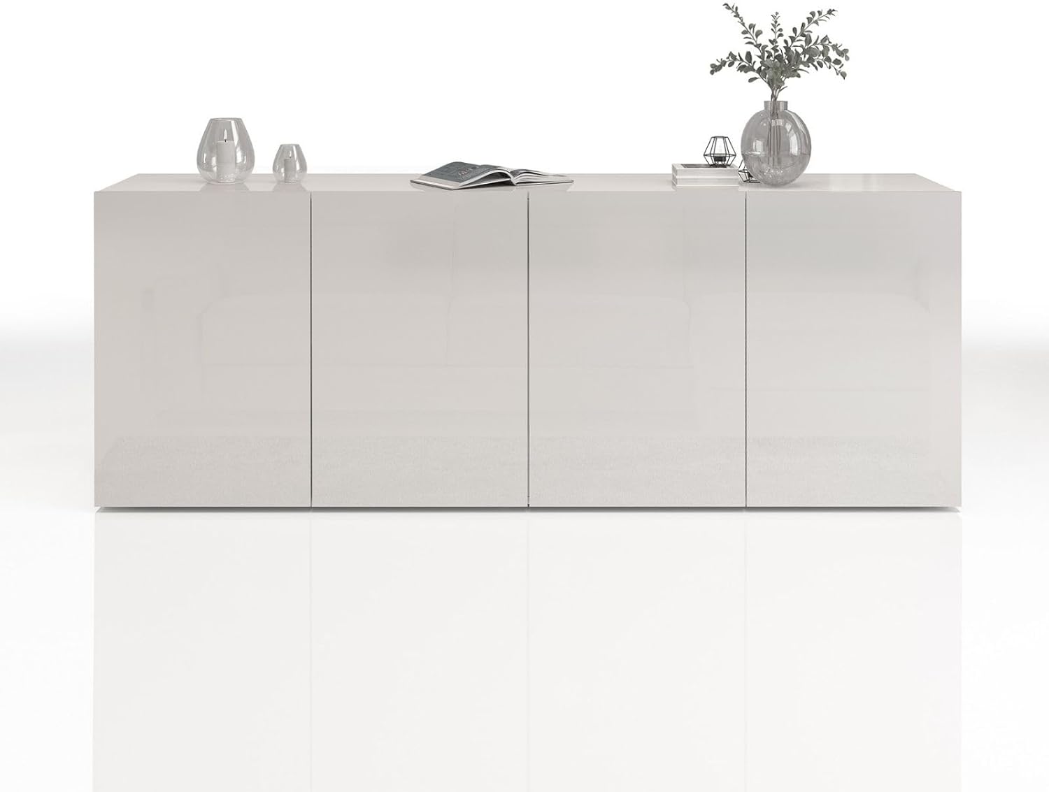 WHOUS Credenza e Buffet EGYPT per Soggiorno con 4 Ante e 4 Vani, Madia per Salotto, Cucina e Sala da Pranzo in Legno, 180x38x70 cm, Bianco Laccato Lucido