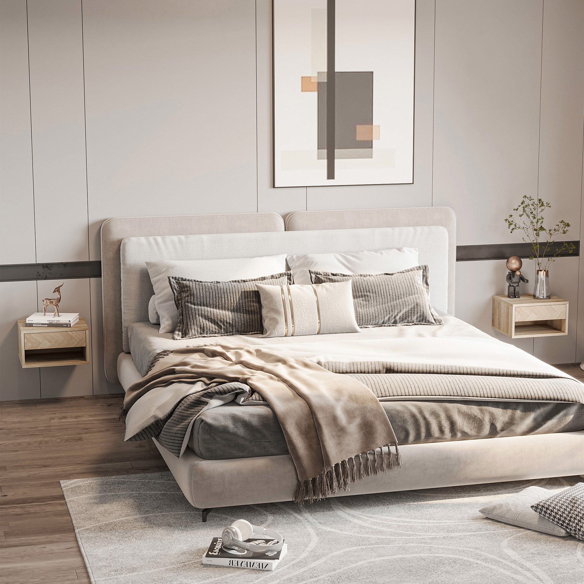 HOMCOM 2er-Set Nachttische, Nachtschränke, Schwebedesign, Schublade, offenes Regalfach, Holzoptik, 37 x 32 x 21 cm