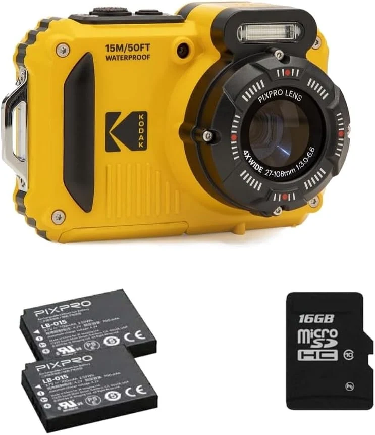 KODAK Pixpro Pack WPZ2 + 2 Batterien + 1 SD-Karte, Video 720p, Digitalkamera Kompakt 16M Pixel, Wasserdicht bis 15m, Stoßfest, LCD-Bildschirm 2,7