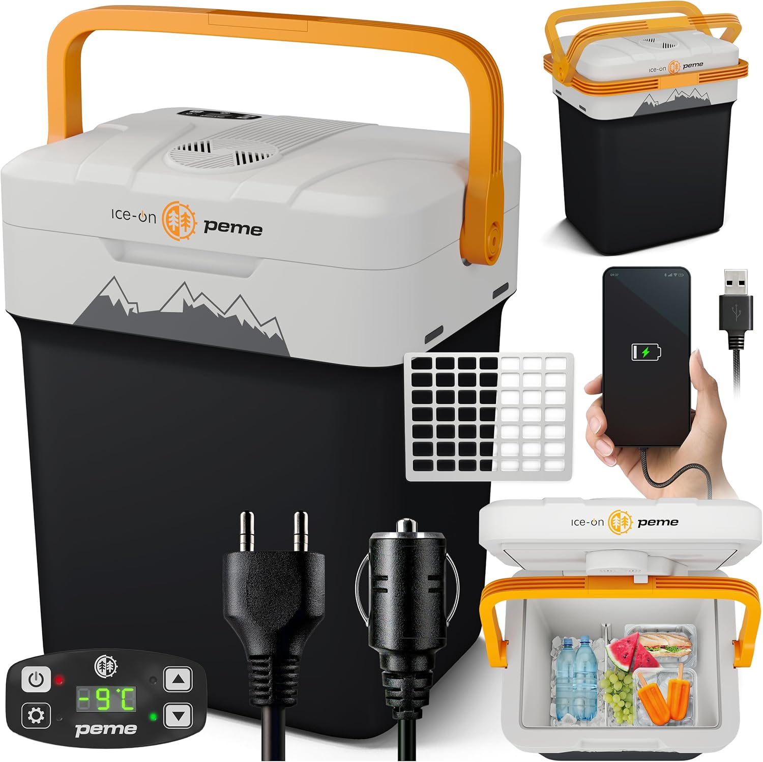 peme Essential Portable Fridge 25.7L – Electric Fridge with Hot/Cold Function, Dual Power 12 V & 230 V, Eco Mode, USB Port, Safety Lock, for Car, Camper, Camping