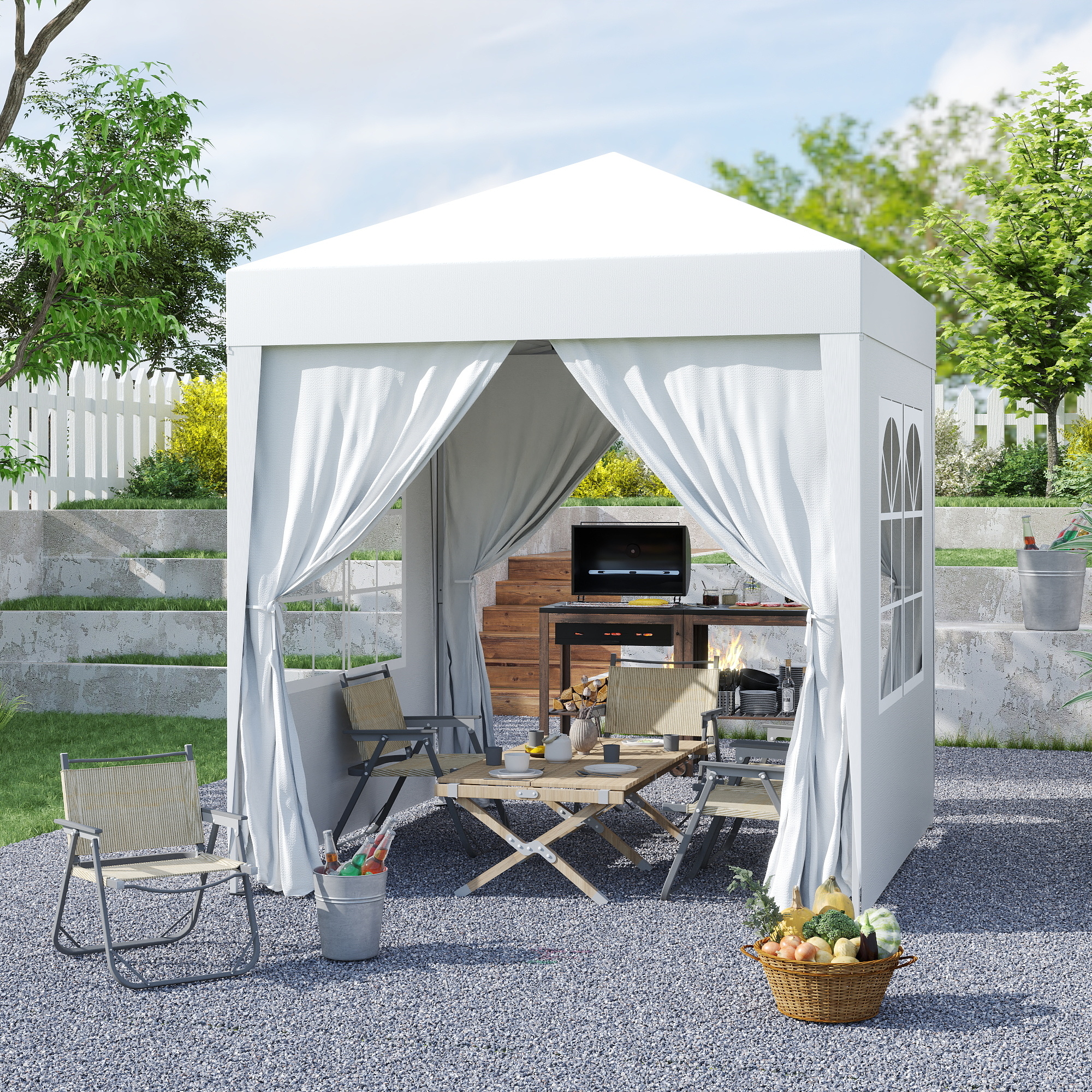 Outsunny Faltpavillon, Bierzelt, 4 abnehmbare Seitenwände, 2 Fenster, Metallrahmen, 2 x 2m, Weiß