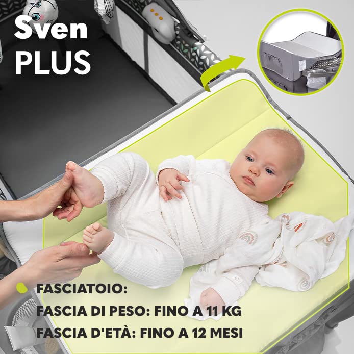 lionelo Sven 2in1 Box bambini dalla nascita fino 15kg Lettino pieghevole con Fasciatoio baldacchino Giocattoli Pendenti Ingresso laterale aggiuntivo Sistema LockGuard : Prima infanzia