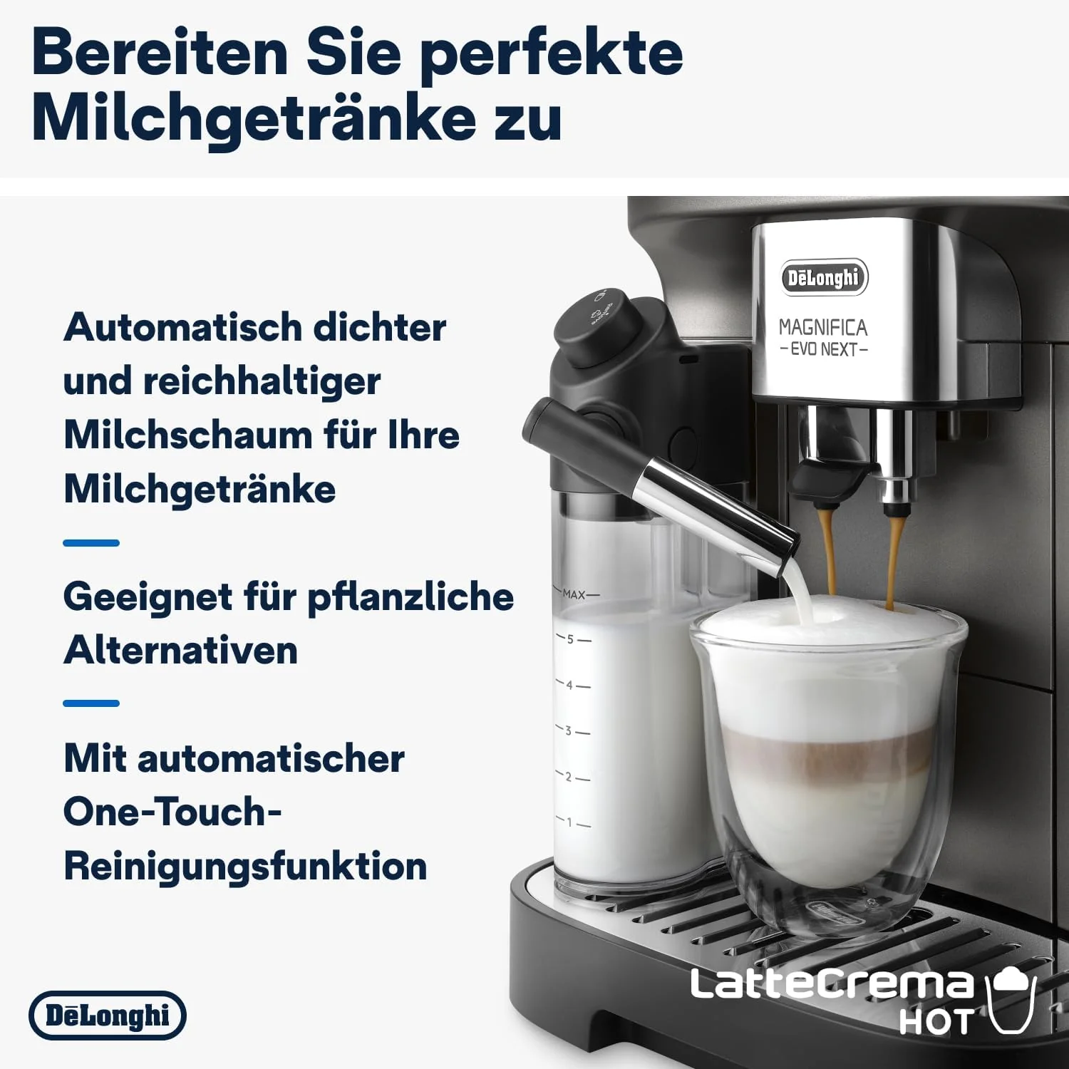 De'Longhi Magnifica Evo Next ECAM312.80.TB, Kaffeevollautomat mit 13 Getränken (Cappuccino, Espresso, Latte Macchiato), 2,4'' TFT Farbdisplay, LatteCrema Milchsystem, 2-Tassen-Funktion, Titan