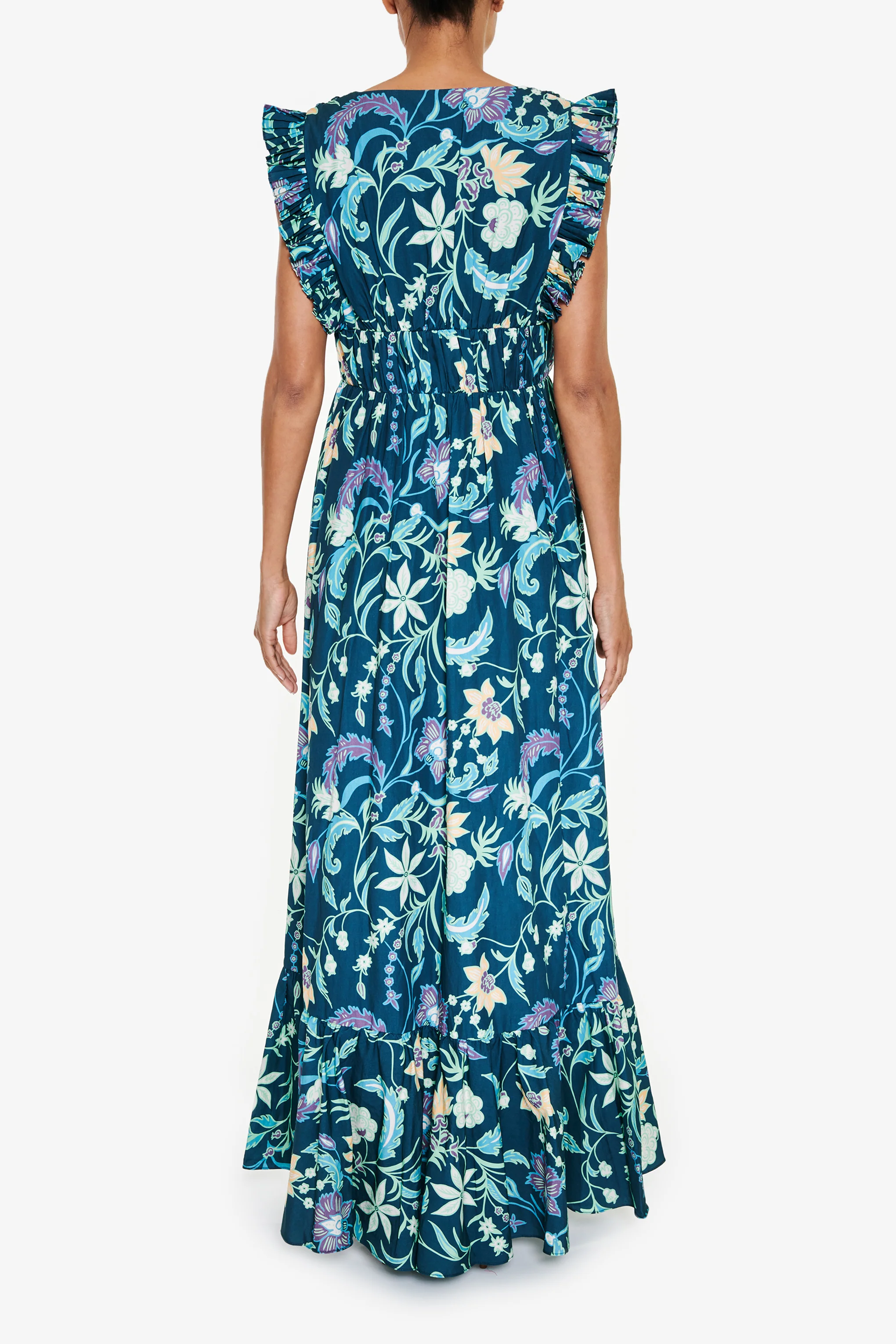 Petrol Blue Folk Floral Maxi Dress