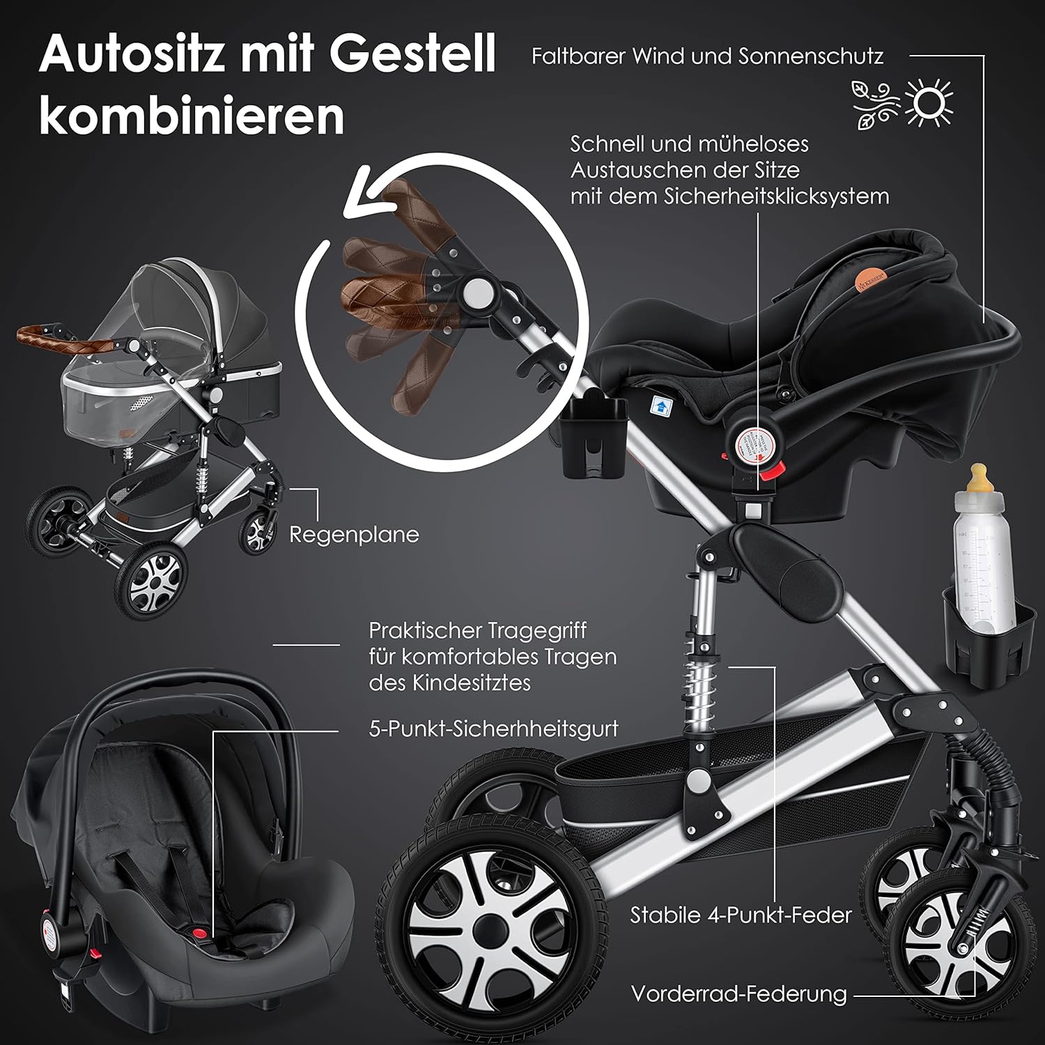 KESSER® Loops 3 in 1 Kinderwagen Kombikinderwagen Komplett-Set inkl. Babywanne & Buggy Sportsitz & Auto-Babyschale Voll-Gummireifen Wickeltasche Regenschutz Kindertisch ECE R129, Schwarz/Schwarz