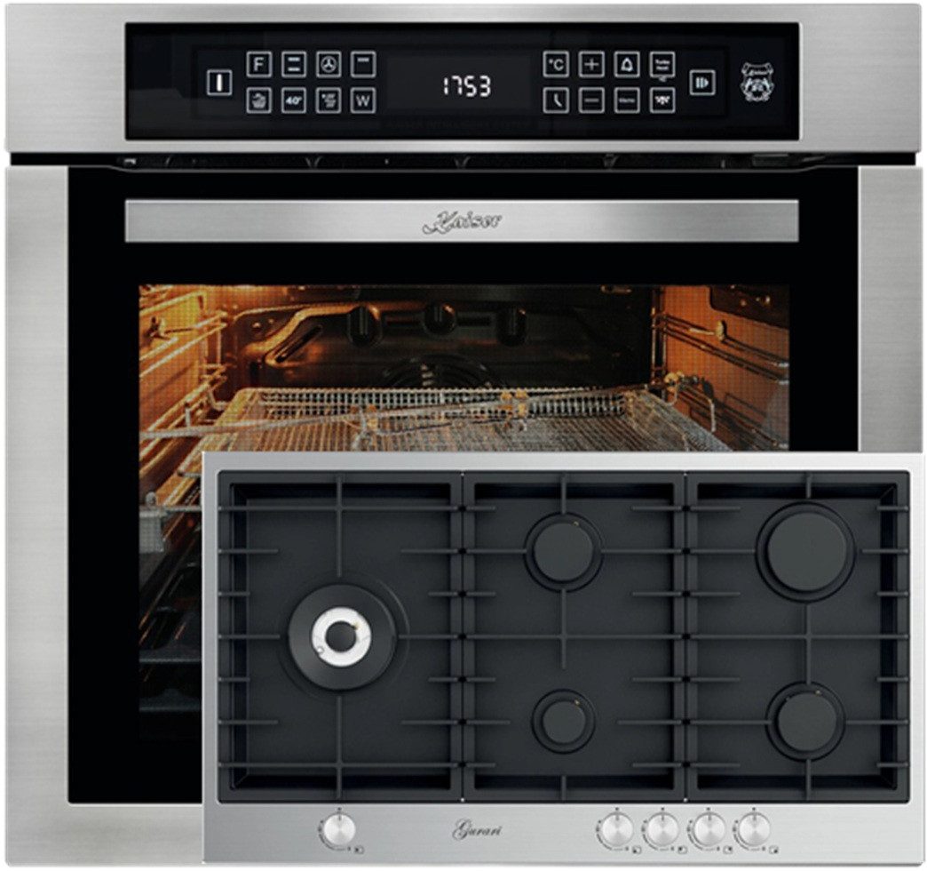 Backofen-Set Herd Set Autark Einbaubackofen,Edelstahl,79L 15 Fkt., 60 cm+Gas-Kochfeld 90 cm, Edelstahl- Schwarz Emaliert, 4,0 kW WOK, 5 Gasbrenner,Erdgas, FL.Gas EH 6306 R+TY 905 VPGC