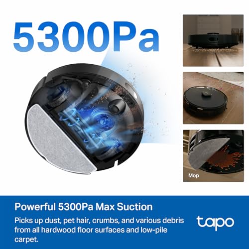 Tapo Ultra Slim LiDAR Smart Navigation Robot Vacuum and Mop, 5300Pa Max, 97%  Dust Pickup, Customizable Cleaning, Self Charging, Works w/Alexa & Google Home, RV20 Max