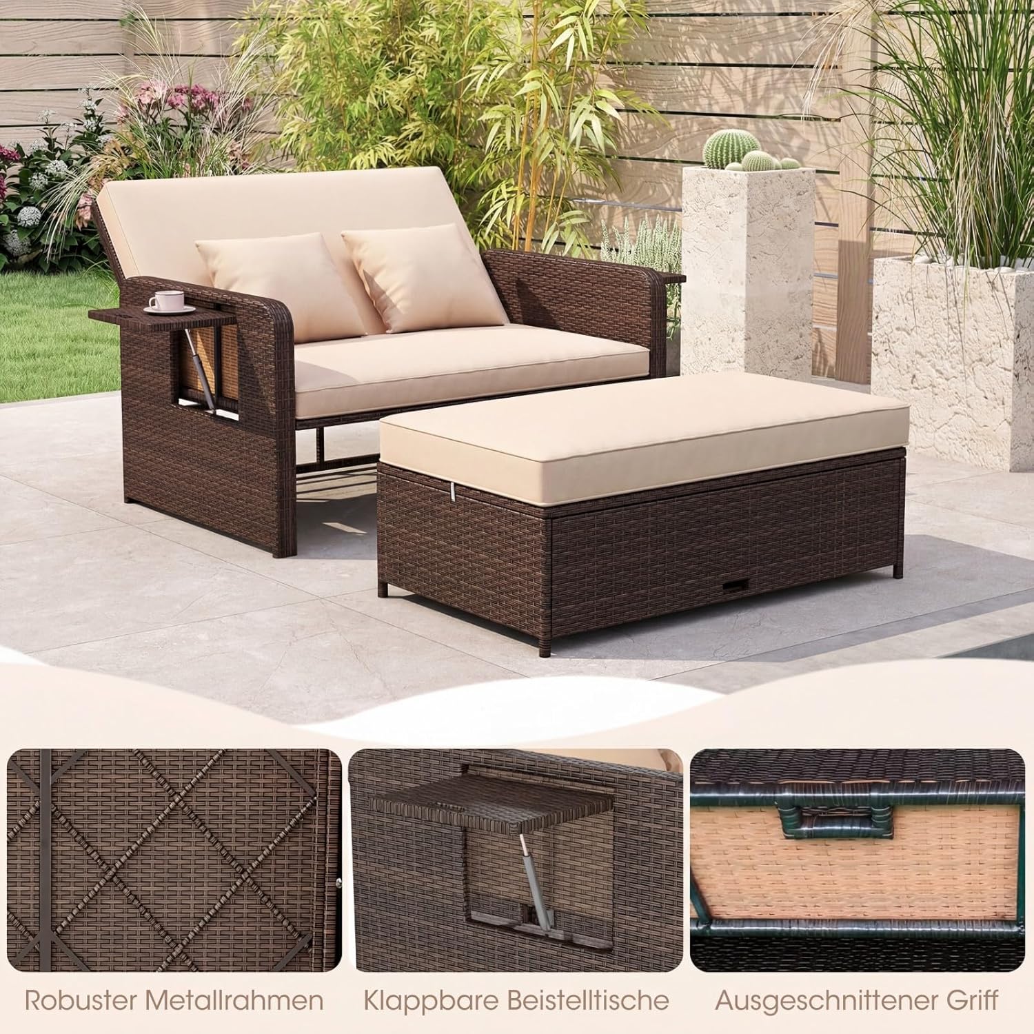COSTWAY 3 in 1 Polyrattan Sonnenliege, Gartenliege mit Verstellbarer Rückenlehne & Seitenablagen, Loungebett, Doppelliege mit Kissen, Gartensofa mit Hocker & Stauraum für Garten