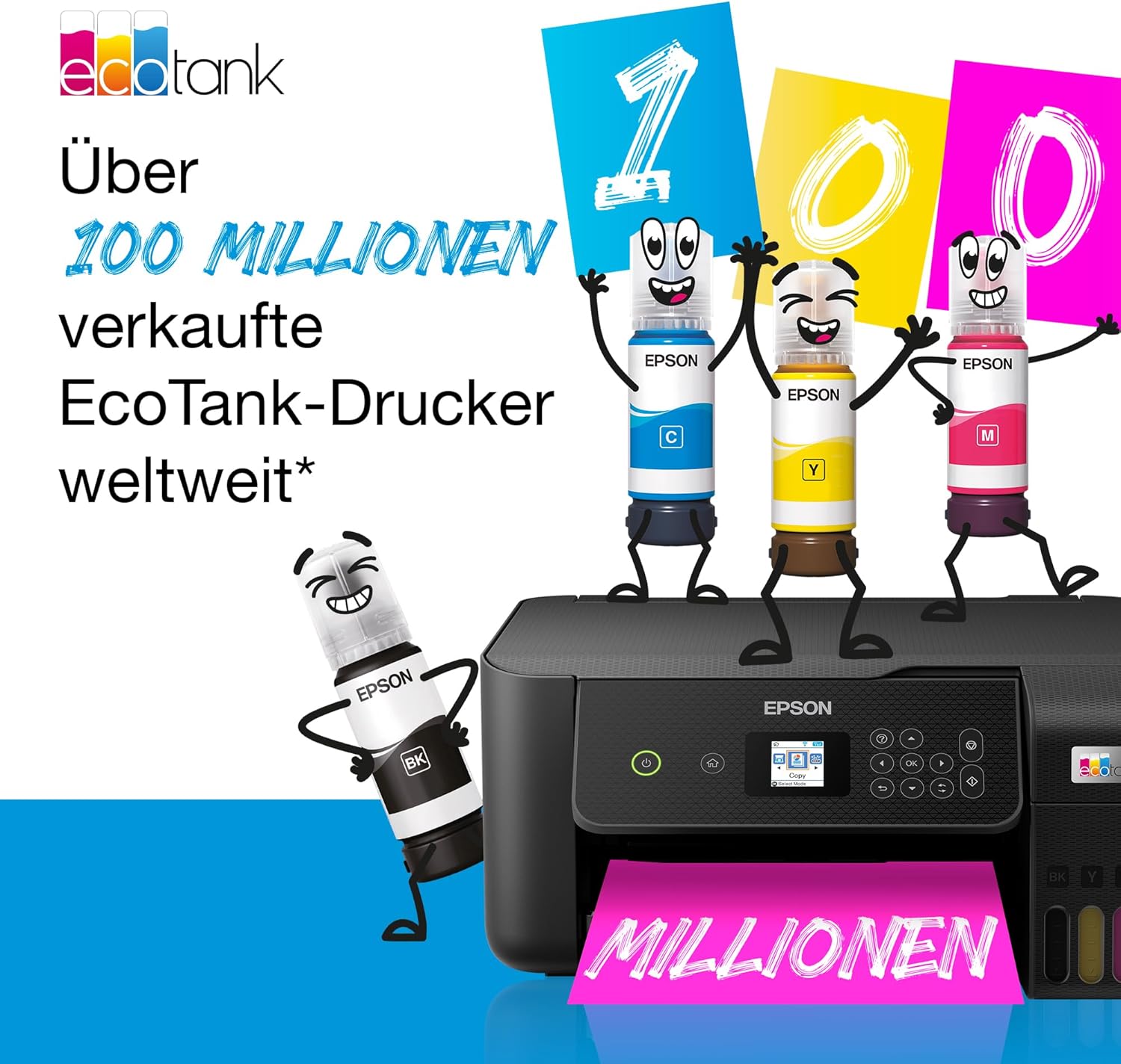EcoTank ET-2870 Tintentankdrucker für vielbeschäftigte Haushalte WLAN A4 Drucken, Kopieren, Scannen 3.7 cm LCD-Display inkl. Tinte für bis zu 3 Jahre