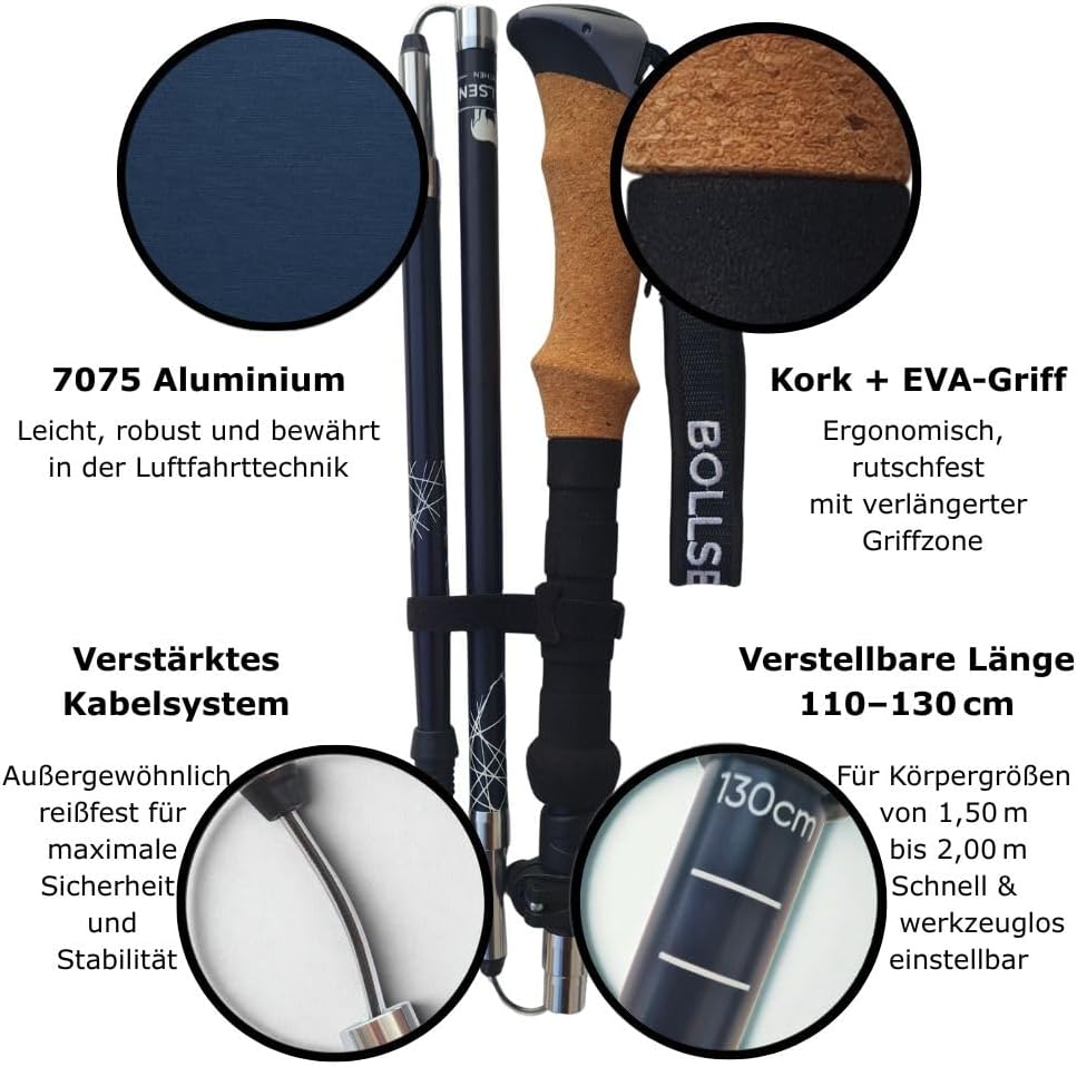BOLLSEN Expedition Pro Wanderstöcke faltbar – Leichte Aluminium Trekkingstöcke, faltbar & höhenverstellbar – verstellbare Stöcke für Wandern, Trekking & Nordic Walking
