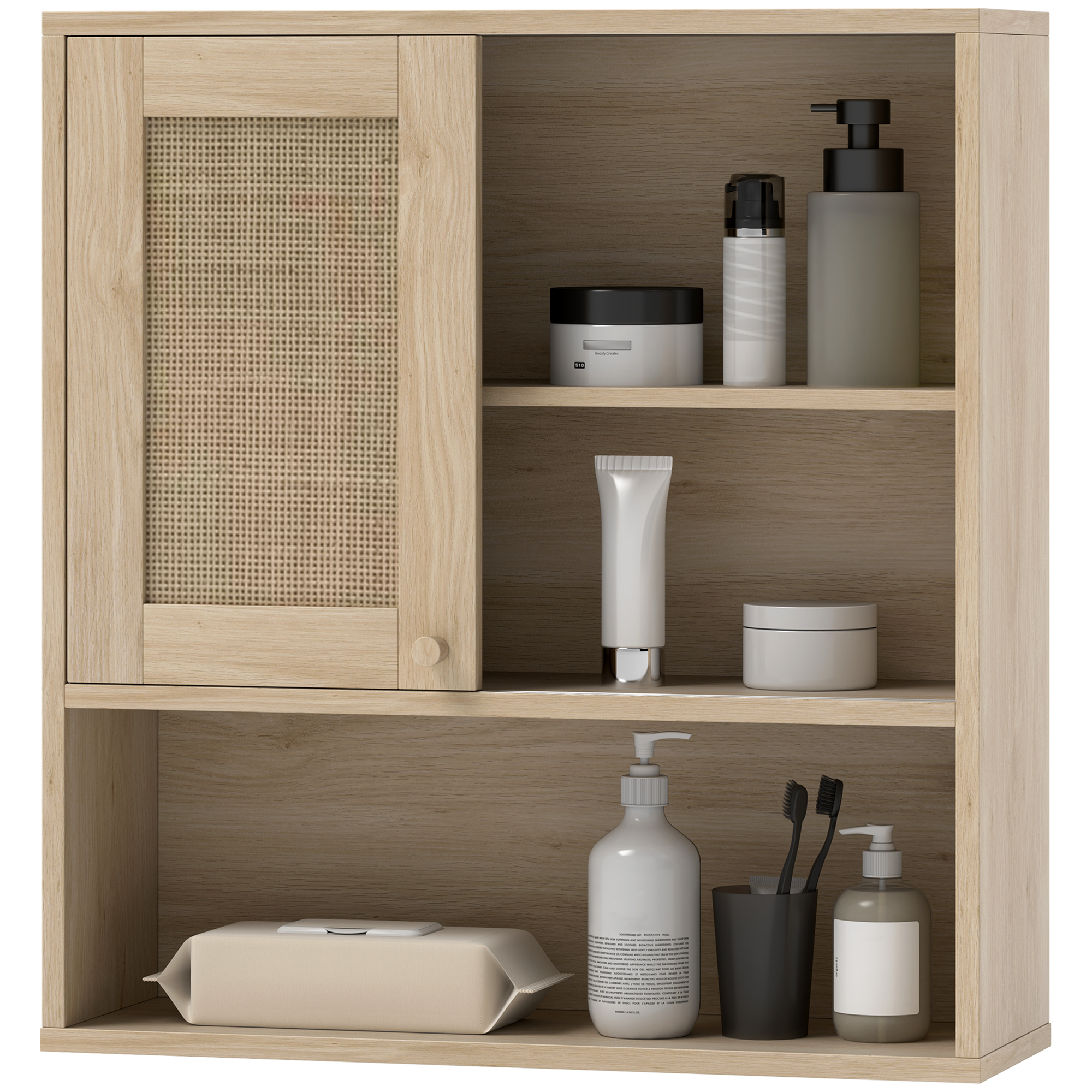 HOMCOM Wandhängeschrank, Badezimmerschrank mit Rattantür und offenen Regalen, Naturholz