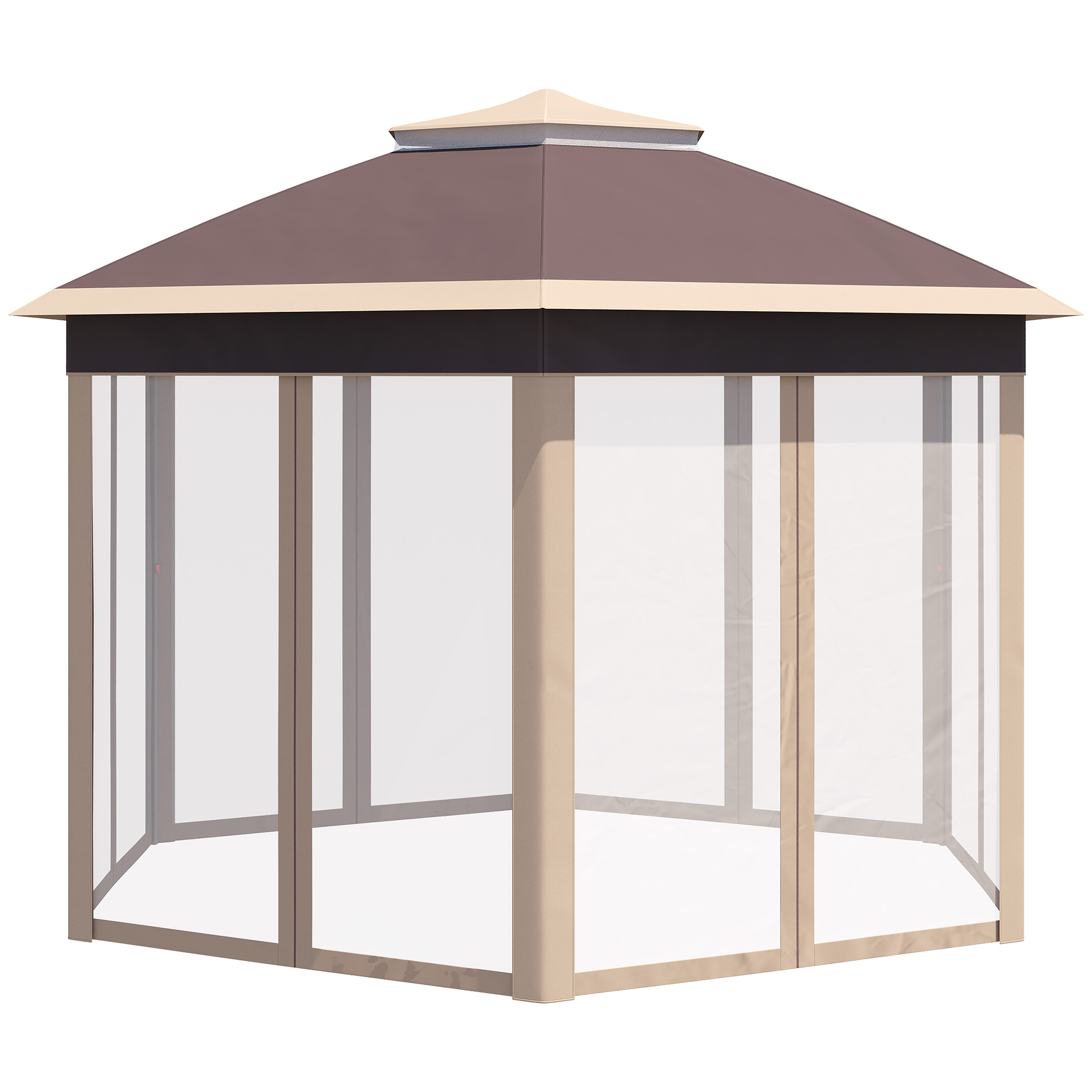 Outsunny tuinpaviljoen opvouwbaar tuinhuisje 4 x 4 m pop-up tent partytent incl. draagtas 6 zijpanelen dubbel dak zeshoekig beige + kaki