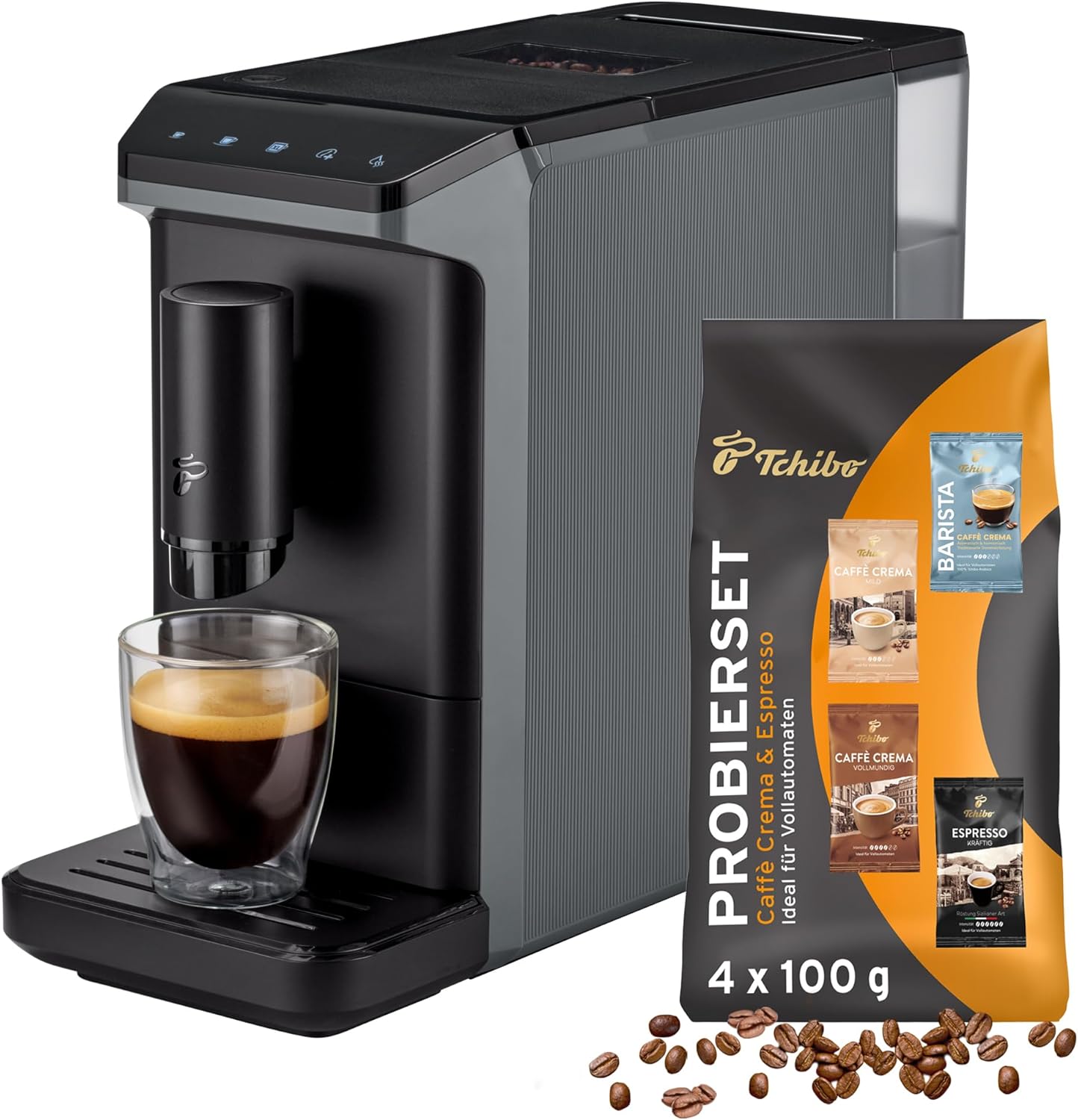 Tchibo Kaffeevollautomat Esperto mini für Caffè Crema und Espresso, nur 16cm breit, klein und kompakt, geeignet für jede Küche, Camping, Studentenapartment, Grau - INKLUSIVE Kaffeeprobierset GRATIS