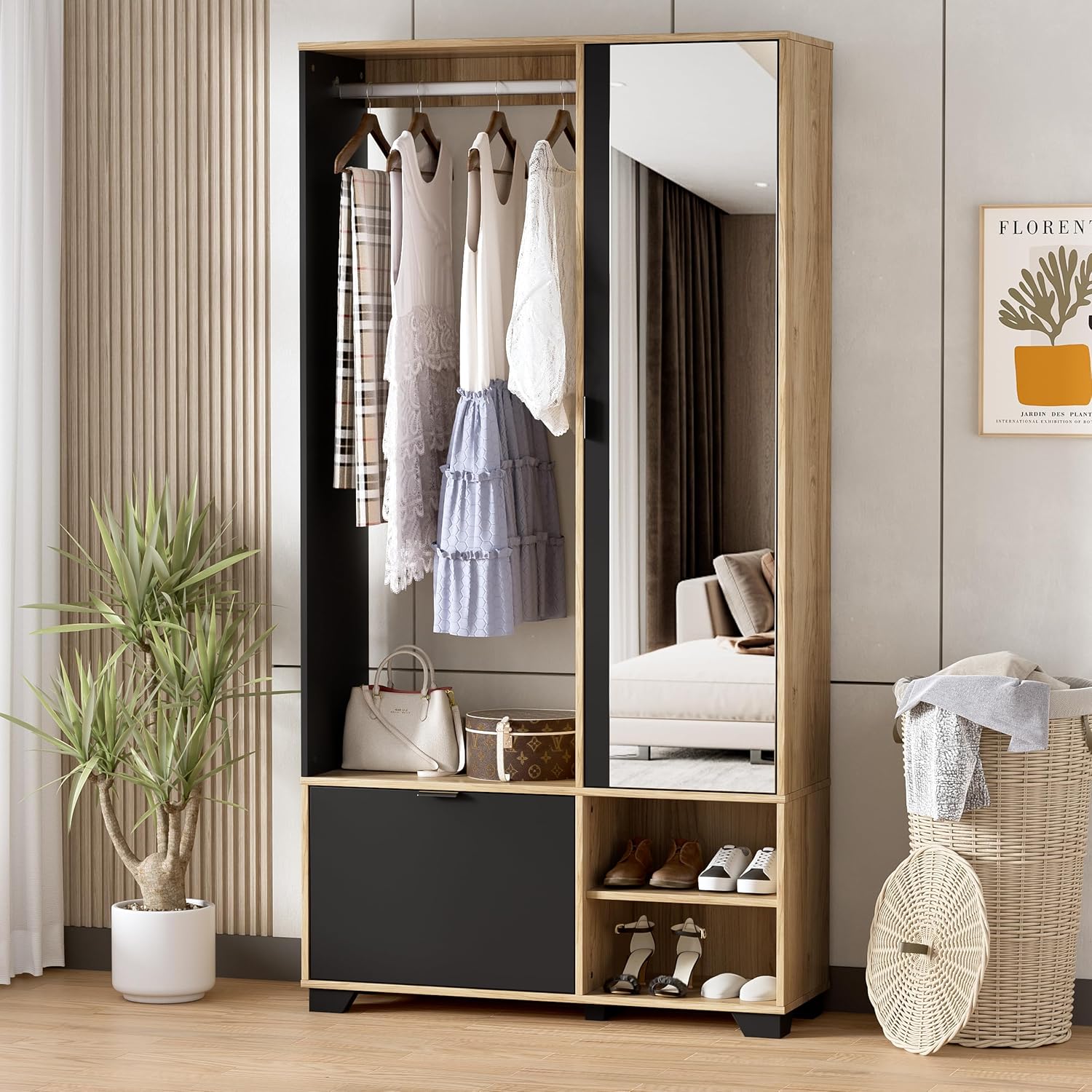 MSFE Entrance Wardrobe with 144 cm Mirror, Compact Wardrobe with Clothes Rail, Shoe Rack and Compartments, Wardrobe Set, Entrance Cabinet with Mirror, 100 x 33 x 190 H cm