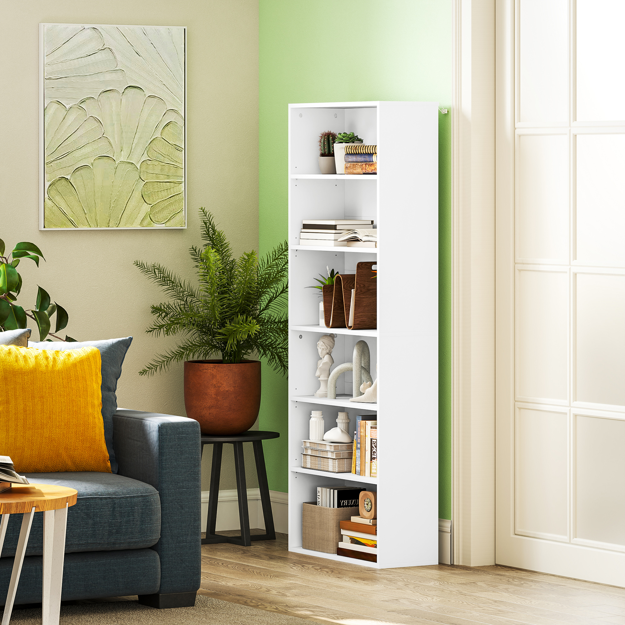 HOMCOM Bücherregal, 6 Fächer, verstellbare Regale, Spanplatte, 60 x 24 x 158,5 cm, Weiß