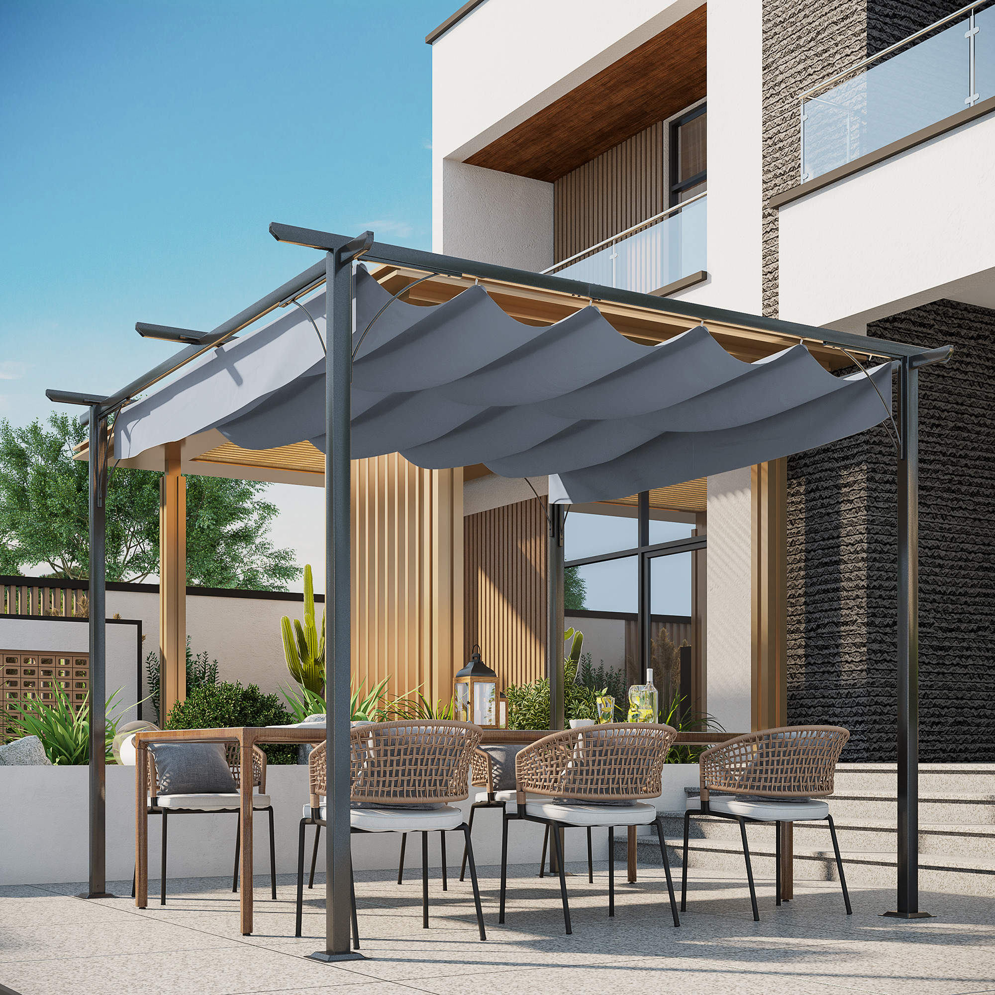 Outsunny Pergola Wasserdichter Pavillon 3 x 3 m Terrassenüberdachung mit Schiebedach, UV-Schutz für Garten Metall Schwarz+Grau