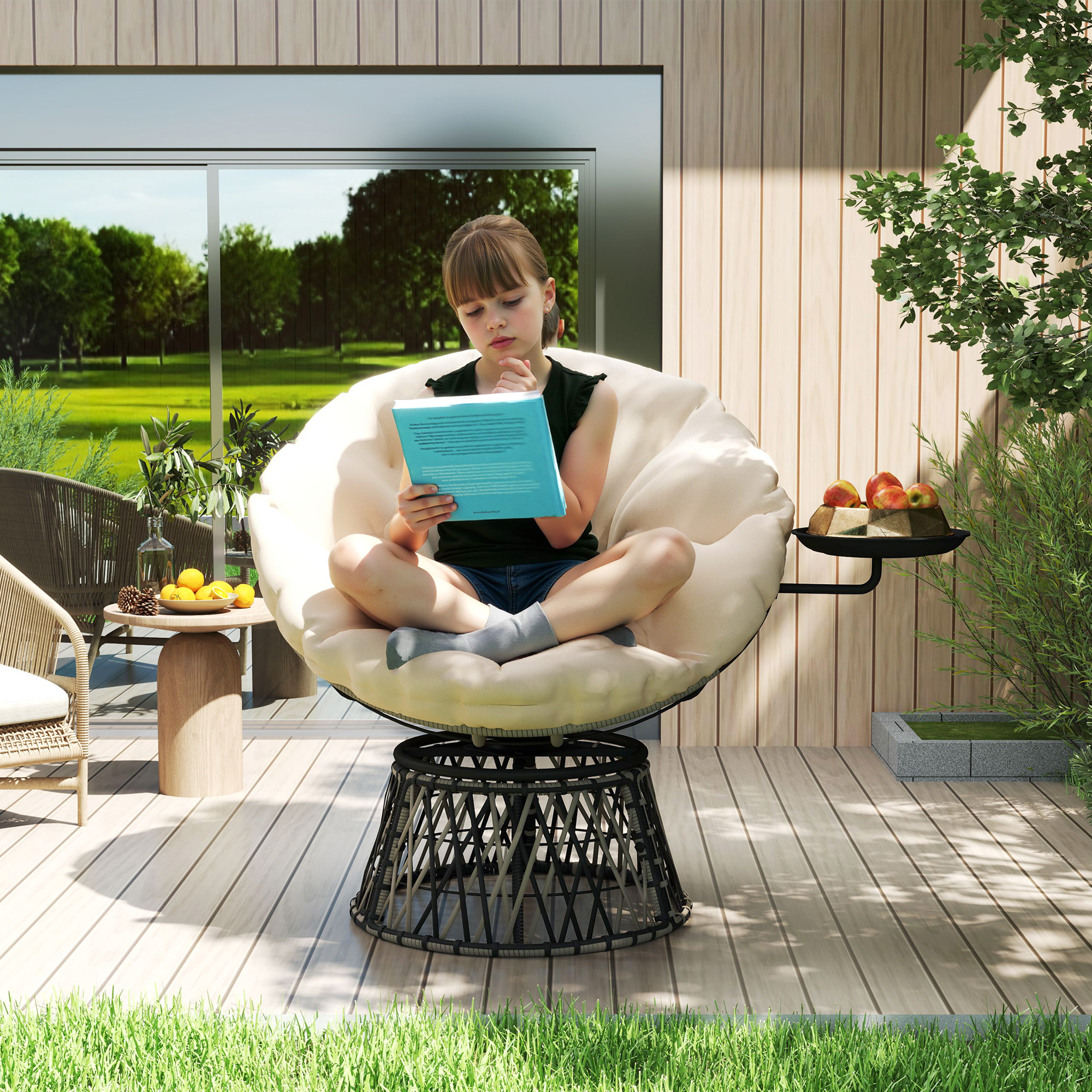 Outsunny Papasansessel Rattan 360° drehbar Korbsessel mit Kissen Durchmesser 90 cm runder Beige