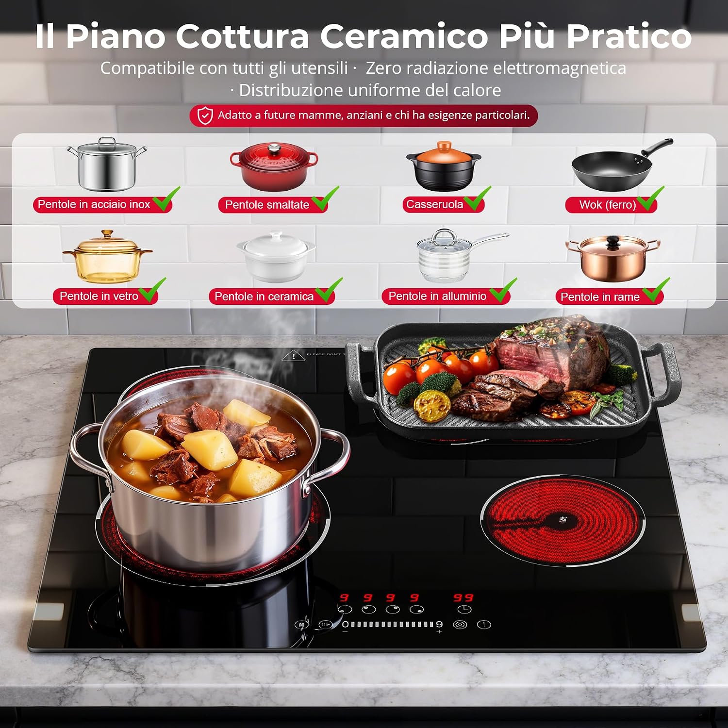 SNDOAS Piano Cottura Vetroceramica 4 Fuochi, 6700W, Zona Ovale & a 3 Anelli