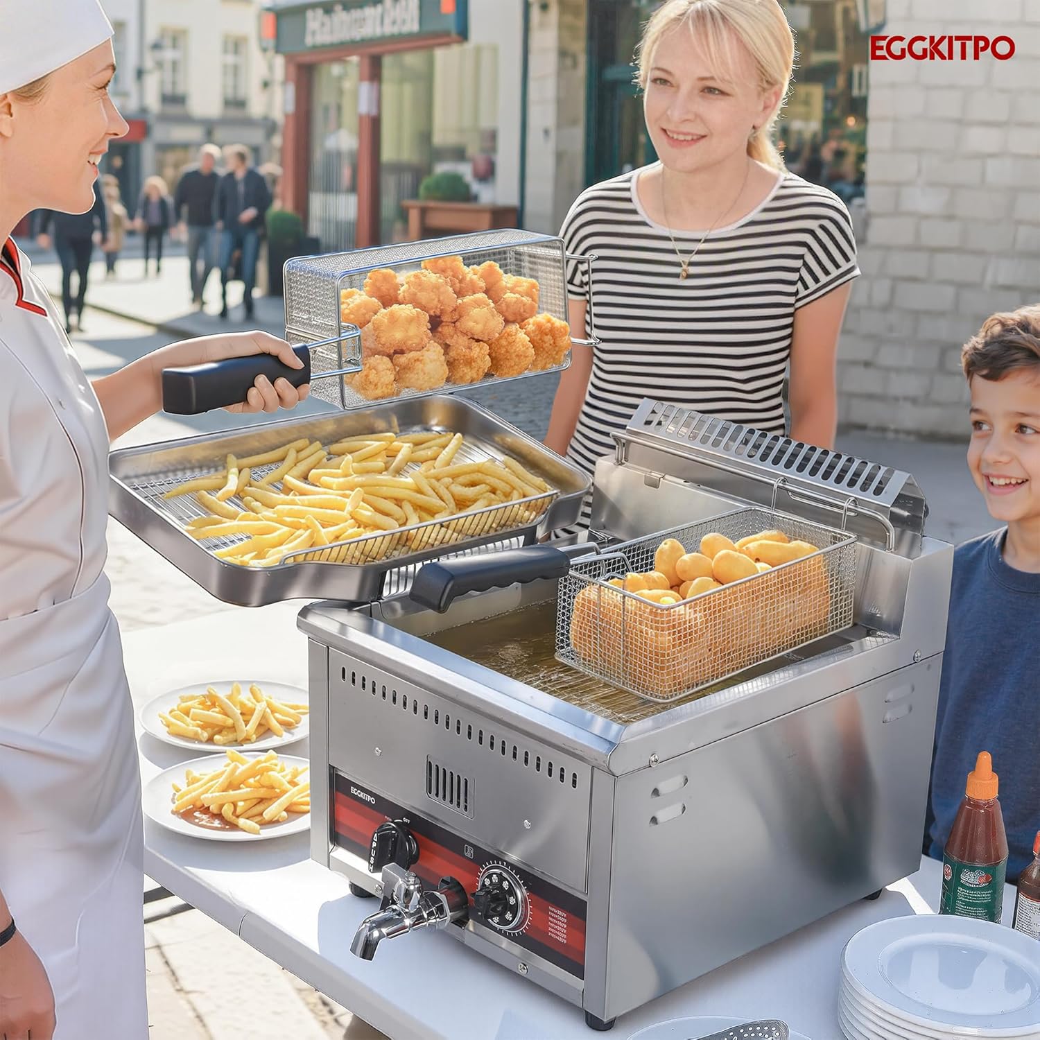 EGGKITPO 45.6LB Commercial Propane Gas Fryer with ignition 22200 BTU/h 2 Baskets Stainless Steel Oil Drain Rack Flat Lid Countertop Deep Fryer with Temp Control and Valve for Food Truck Restaurant