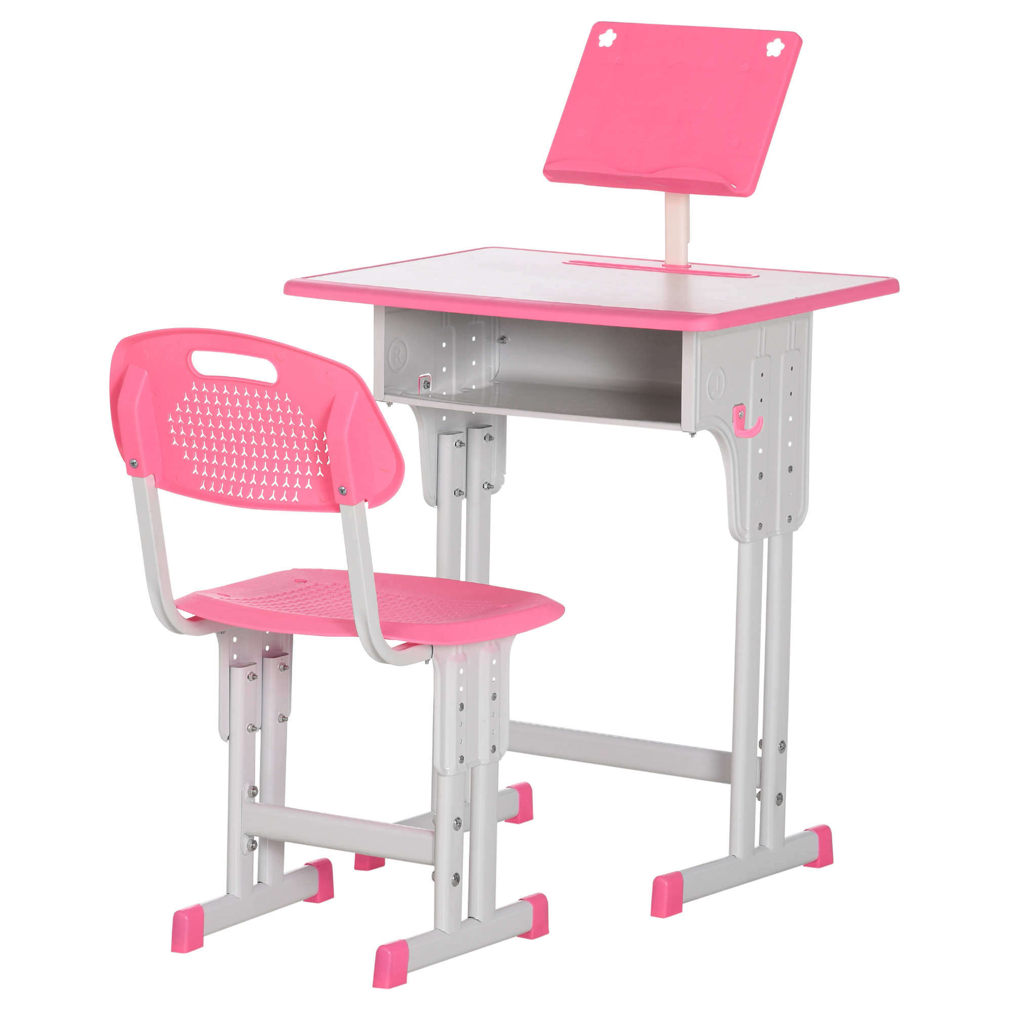 HOMCOM Kinder Schreibtisch und Stuhl mit Leseständer, Fach, Haken und Stifthalter 60 x 45x 90-102 cm rosa