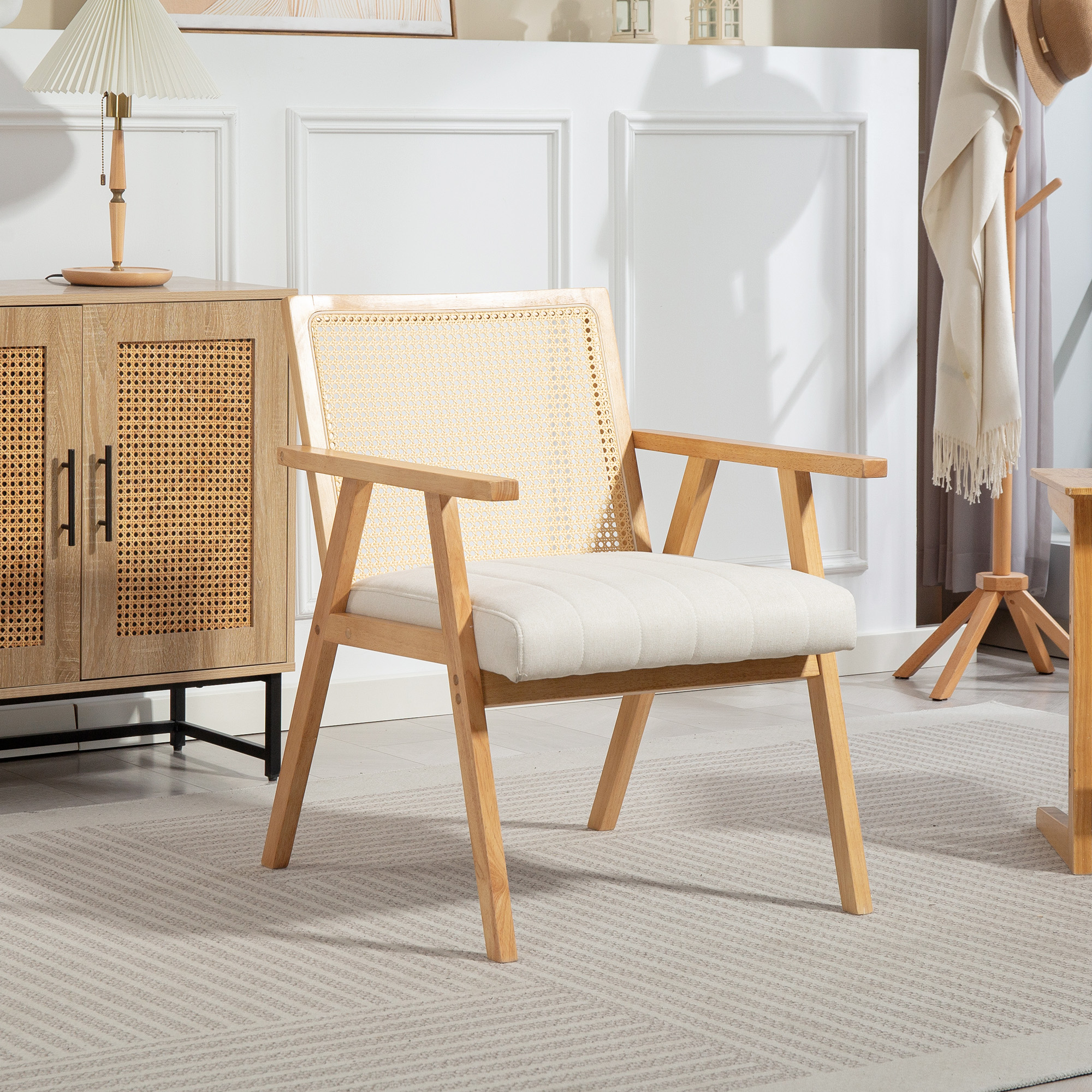 HOMCOM Loungesessel aus Holz, Rattansessel mit Rattanrücken und gepolstertem Kissen mit Armlehnen, Naturholz