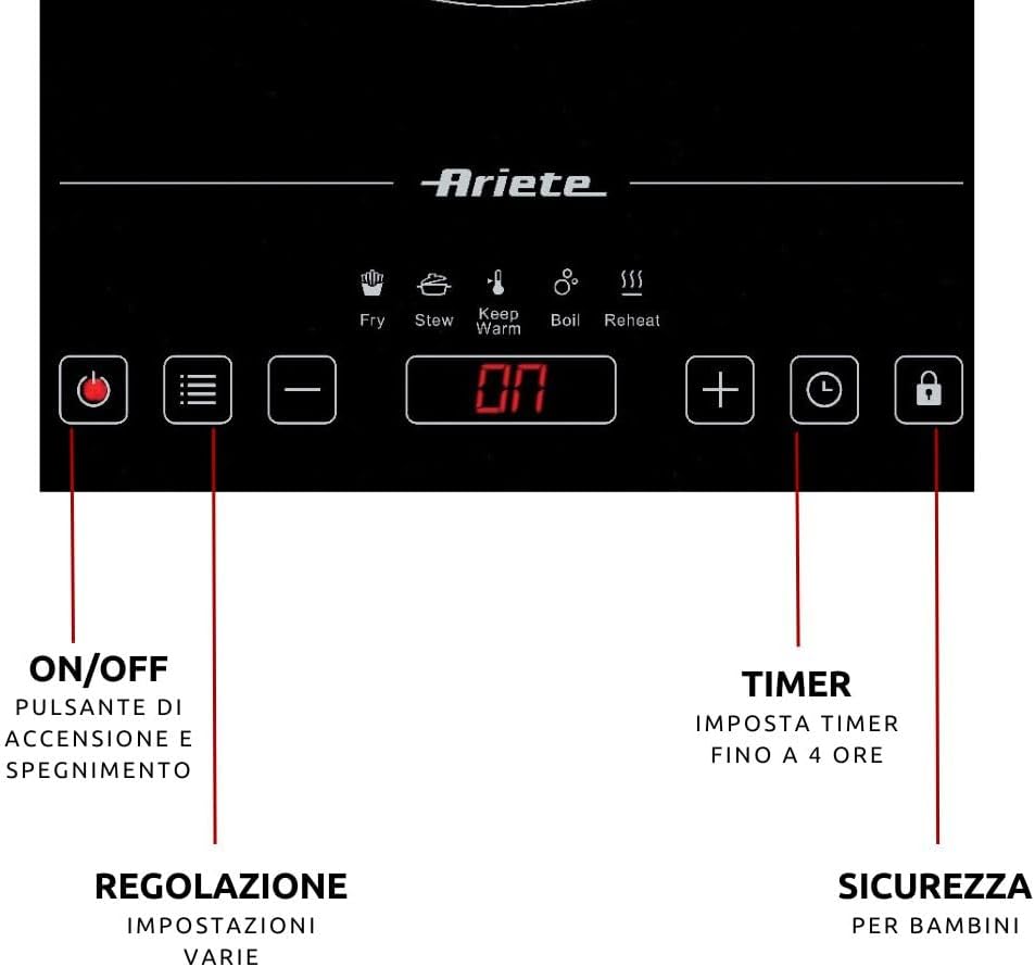 Ariete 1997 Piastra a induzione singola portatile, Vetroceramica, 2000W, 10 livelli di potenza, Timer fino a 4 ore, Sicurezza bambini, 5 programmi, Nero