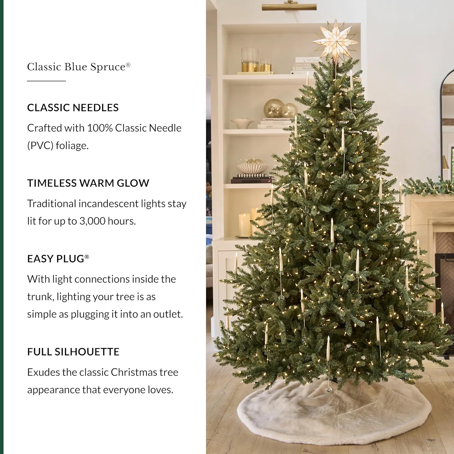 Balsam Hill 7.5ft Pre-Lit Classic Blue Spruce - Artificial Christmas Tree with 1000 Clear Incandescent Lights, Easy Plug Technology, Premium Stand for Indoor Holiday Decorating