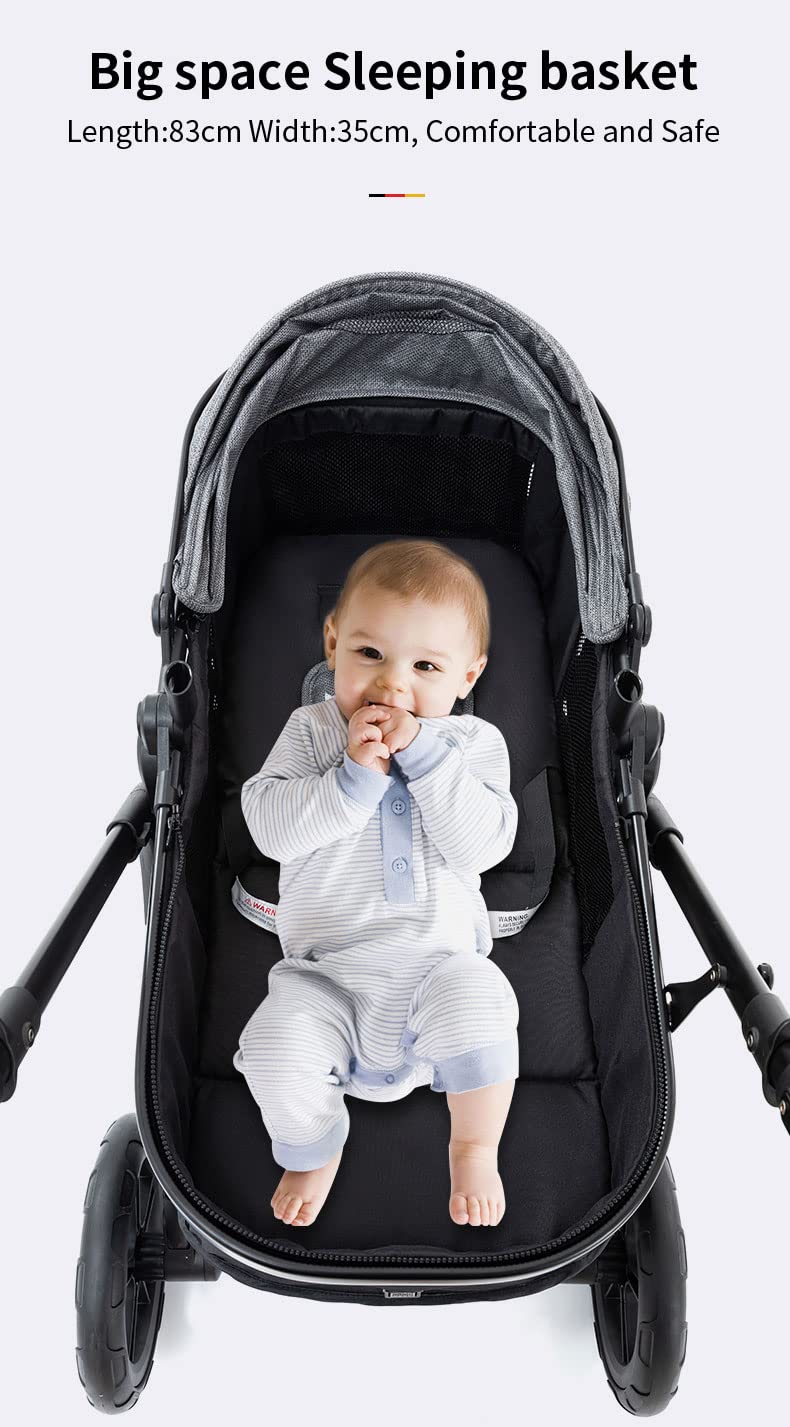 YAZOCO kinderwagen 3 in 1 Buggy Babybett Komplett Set Einem Klick Zusammenklappbarer Kinderwagen, KombiKinderwagen Aluminiumrahmen für Neugeborene Sitzzubehör (1 schwarz)