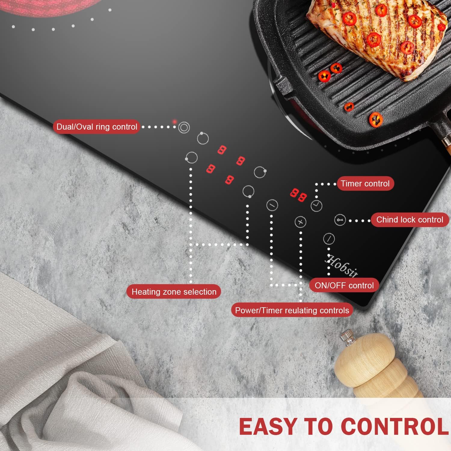 Glaskeramikkochfeld 4 Zonen Kochfelder Sensor-touch Control Kochfeld Autark 60cm, 6000W, 9 Leistungsstufe, verkabelt, kein Stecker