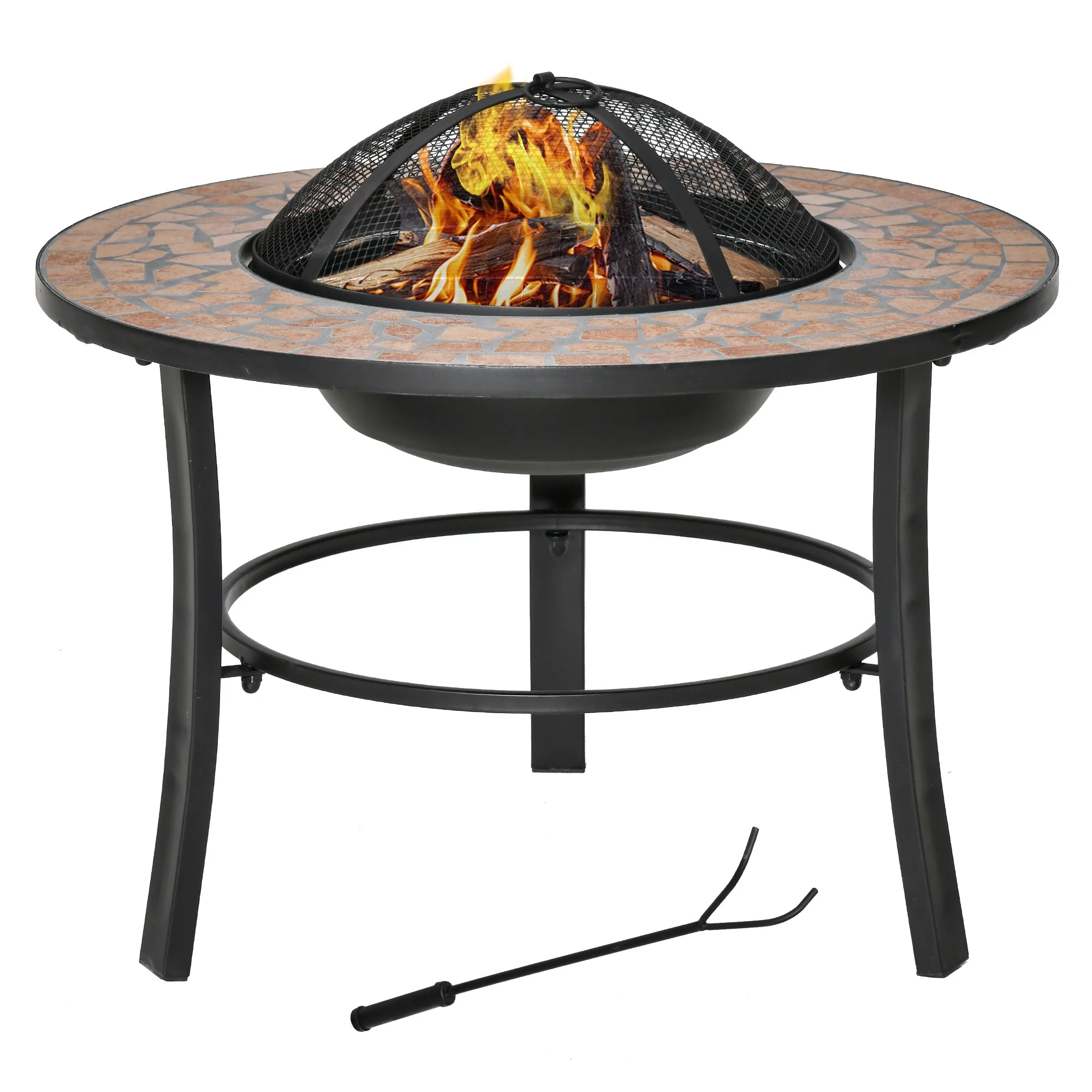 Easycomfort Braciere da Giardino con Coperchio Parascintille, Attizzatoio e Piano in Ceramica, 68x68x45 cm, Nero
