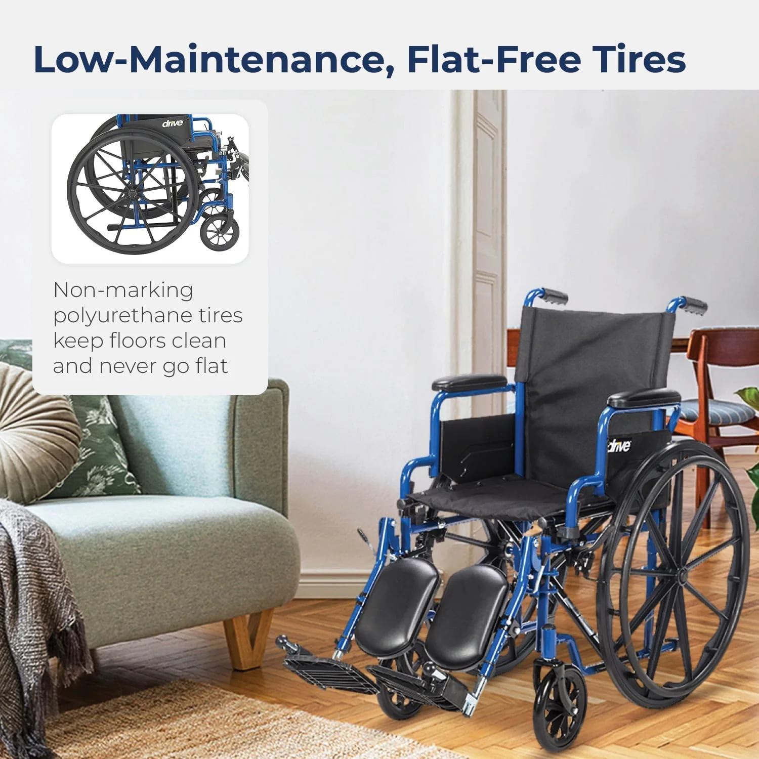 Single-wheel blue racing-style wheelchair, reversible armrests on the table edge, rotatable footrests, size 18 inches, quantity 1 unit.
