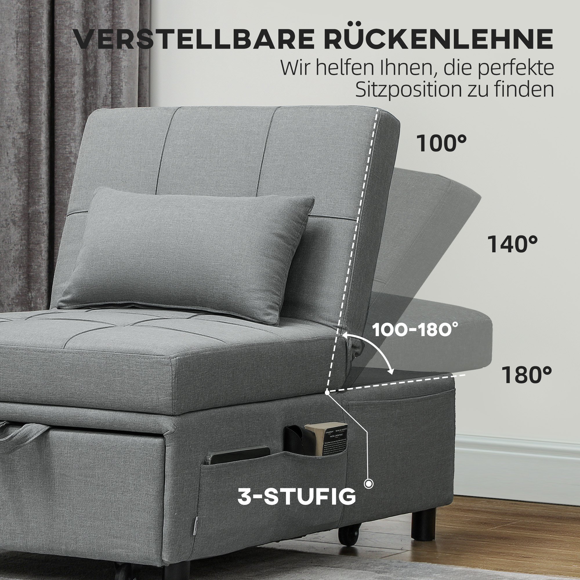 3-in-1 Opklapbare Fauteuil met Zijvak, Gastenbed met Kussen, Verstelbare Rugleuning, Slaapstoel met Wielen, Lichtgrijs