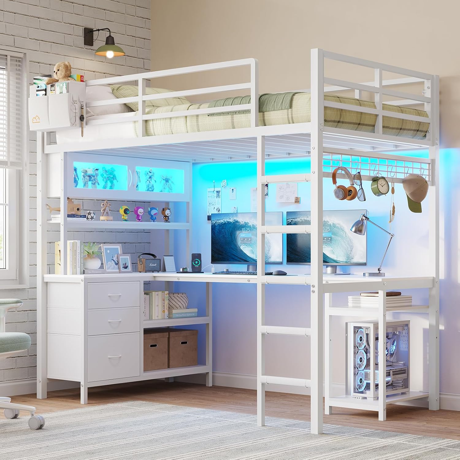 Twin Size Loft Bed with L-Shaped Gaming Desk, Storage Drawers, Glass Cabinet & Hutch, Twin Loft Bed with Smart LED Lights & Power Outlets, Metal Bed Frame with Safety Guardrail & Ladder for Kids/Teens