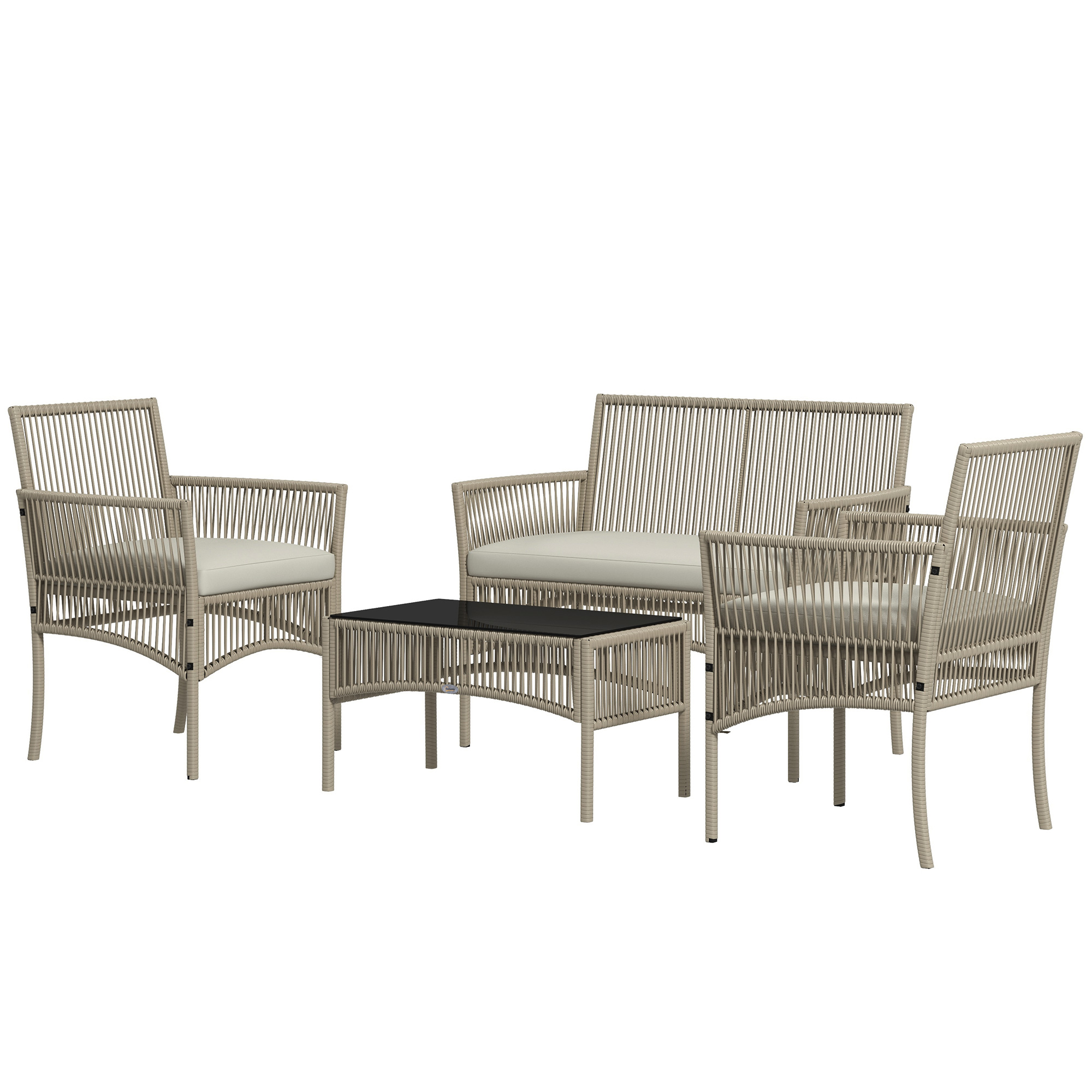 Outsunny 4-teiliges Gartenmöbel-Set 2-Sitzer-Sofa 2 Sessel 1 Couchtisch mit gehärteter Glasplatte