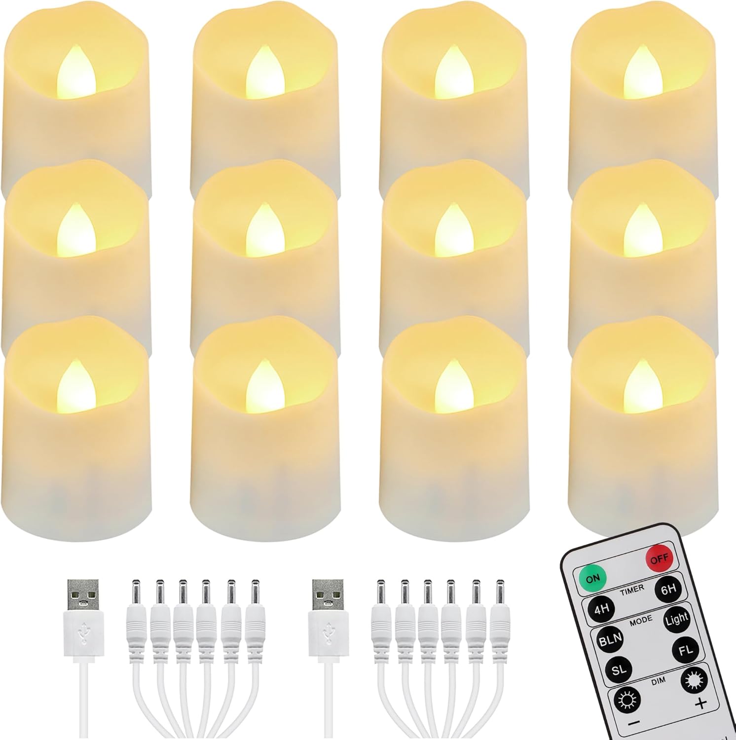 FREEPOWER 12 lumini a LED ricaricabili con stazione di ricarica, cavo USB e telecomando 鈥?Funzione timer, tremolante bianco caldo, 脴 4 x 4,5 cm