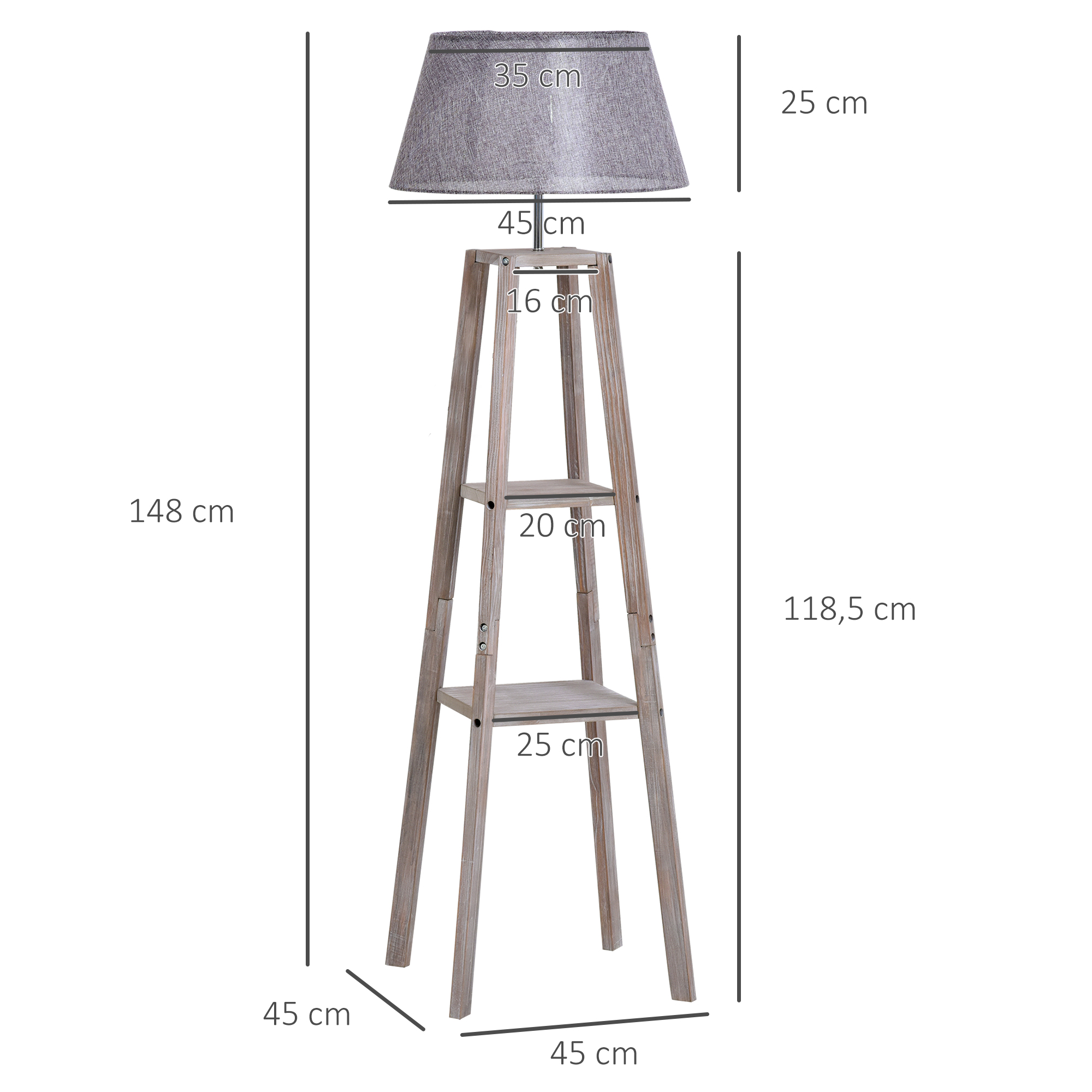 Staande lamp met schappen, Scandinavische schemerlamp, lamp, linnen, grenen hout, natuurlijk, grijs, 45 x 45 x 148 cm schappen vloerlamp lamp grenen naturel grijs | Aosom.de