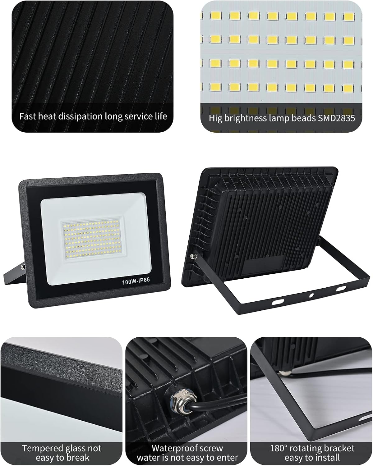 LED Strahler Außen 100W, 10000LM Superhell Scheiwerfer Flutlicht, 6000K Kaltweiß IP66 Wasserfest Außenstrahler für Hinterhof, Auffahrt, Türen, Garage, Flur, Garten
