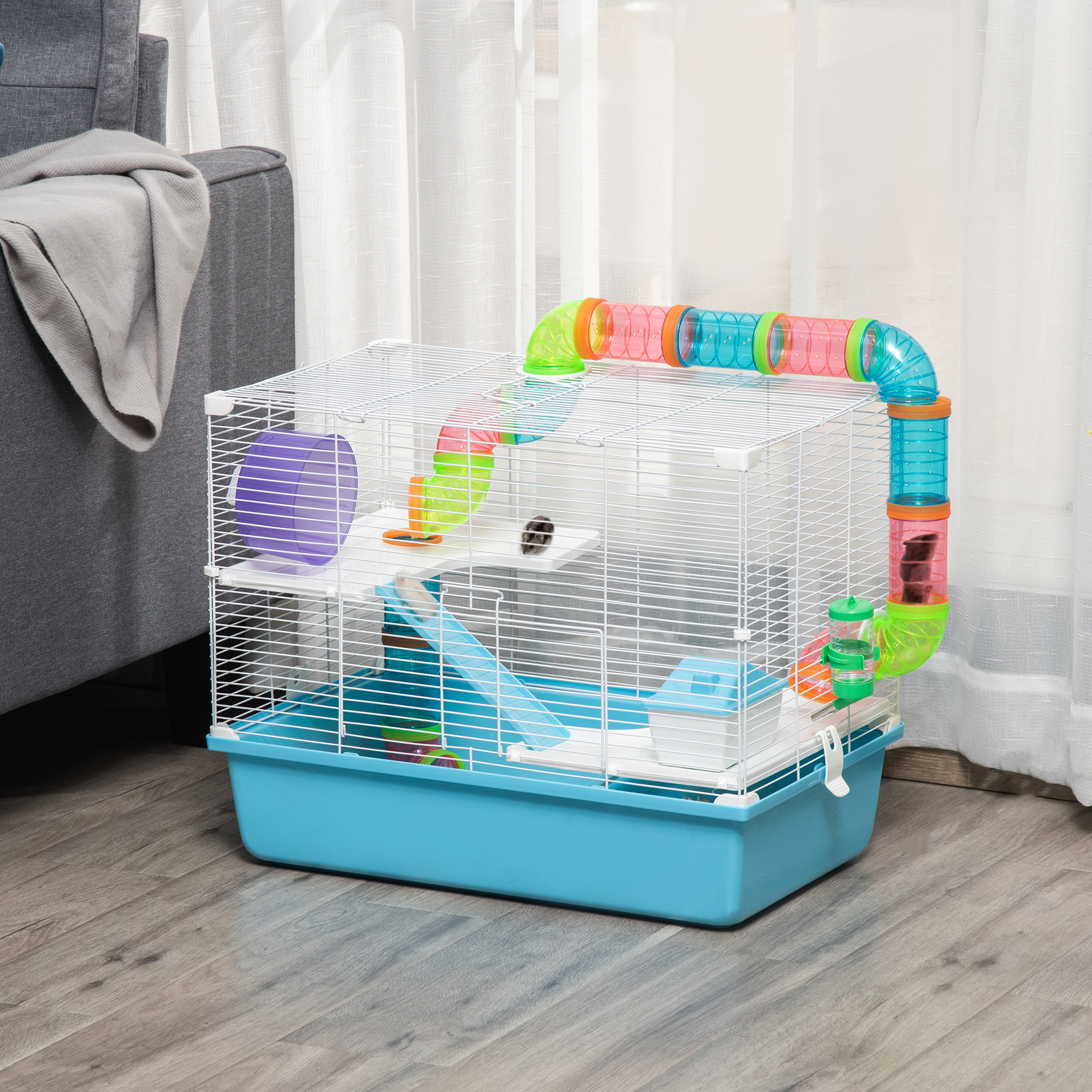PawHut Käfig für Hamster Ratte Nager 3 Ebenen mit Tunnel, Trinkflasche, Rad, Häuschen, Leitern Maße 59B x 36T x 47H cm