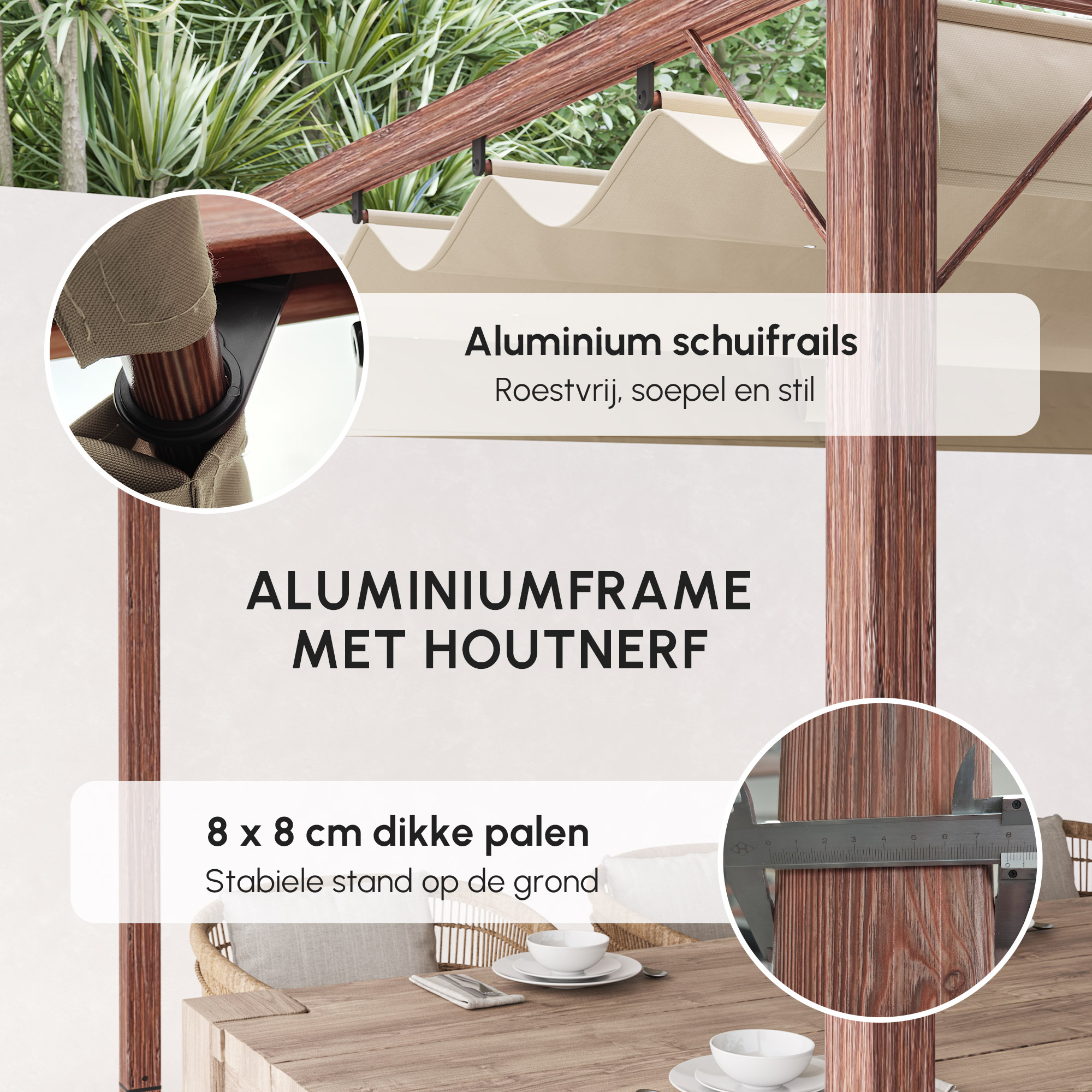 Outsunny 3 x 4 m Tuin-Pergola, Verstelbaar Terrasoverkapping, Aluminium Frame, UPF30+ Zonbescherming, Natuurhout