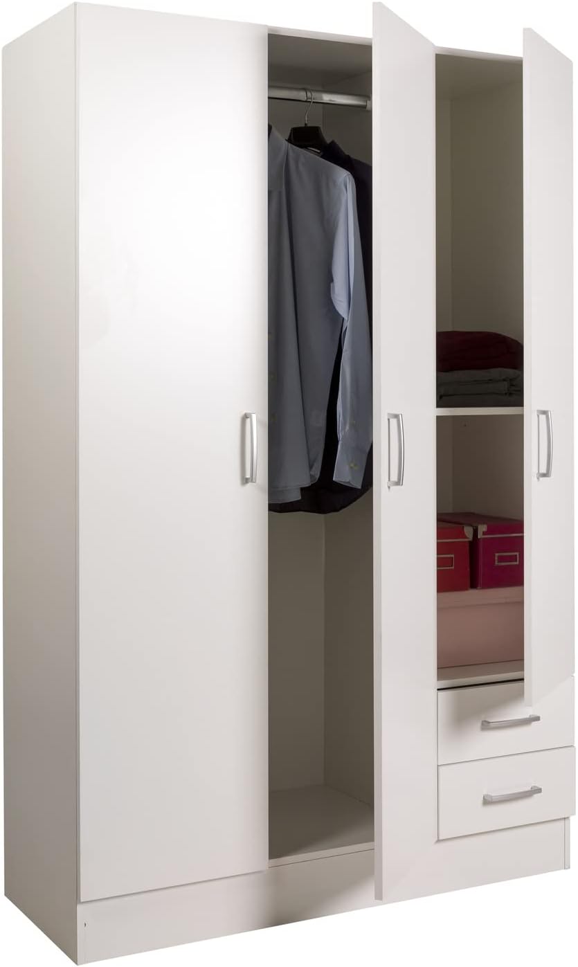 COMPOSAD | Easy Line Wardrobe with 3 Doors and 2 Drawers, Bedroom, Wardrobe with Doors, Dimensions (WxHxD) 119.5 x 184.5 x 46 cm, White, Made in Italy